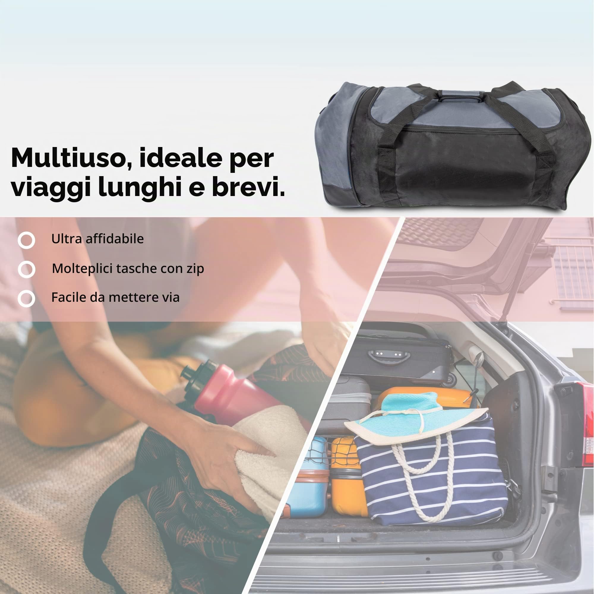 iN Borsone da viaggio pieghevole con ruote in plastica, utilizzabile come borsa leggera per bagagli, valigia o zaino. Ideale per viaggi, kit e attrezzature sportive., nero/grigio, 30 x 32 x 10 cm