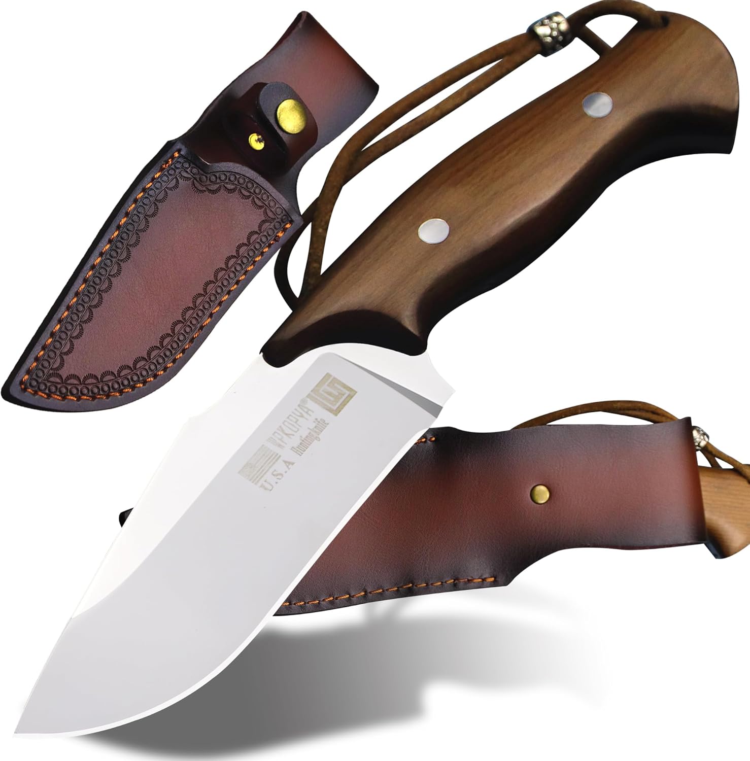 WPKOPYA U.S.A 9.8-inch 440c Mirror Light Full Tang Sandalwood Handle Outdoor Hunting Knife+Leather Sheath, Camping Survival, Fishing, Hiking, EDC Tool