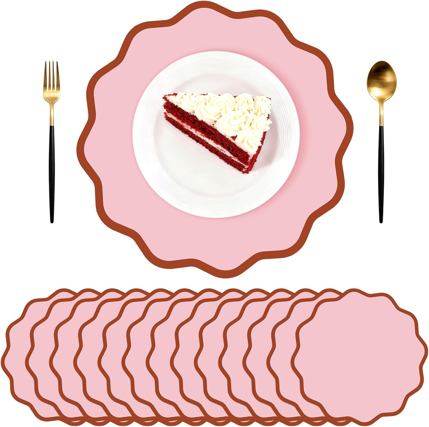 Pink Scalloped Paper Placemats 60 Pcs Disposable Coated Paper Waterproof Place Mat with Wavy Edge Table Decor for Baby Shower Party Supplie Birthday Wedding Banquet Tea Party (13.5 Inch Round)