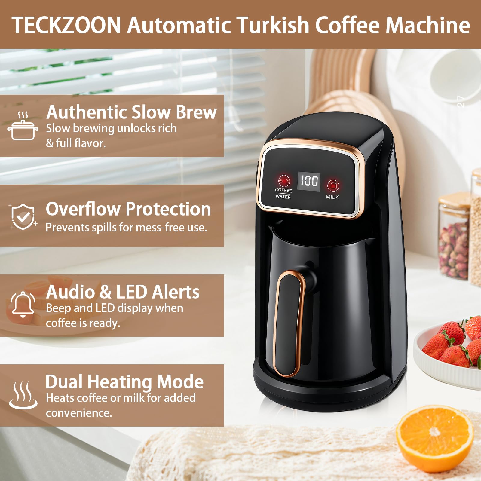 Automatische Elektrische Türkische Kaffeemaschine, 600W Kaffeepott mit Dual-Heizsystem, Smart Bedienung für Kaffee, Wasser & Milch, 300ml Kapazität für 4 Tassen, Anti Trockenlauf