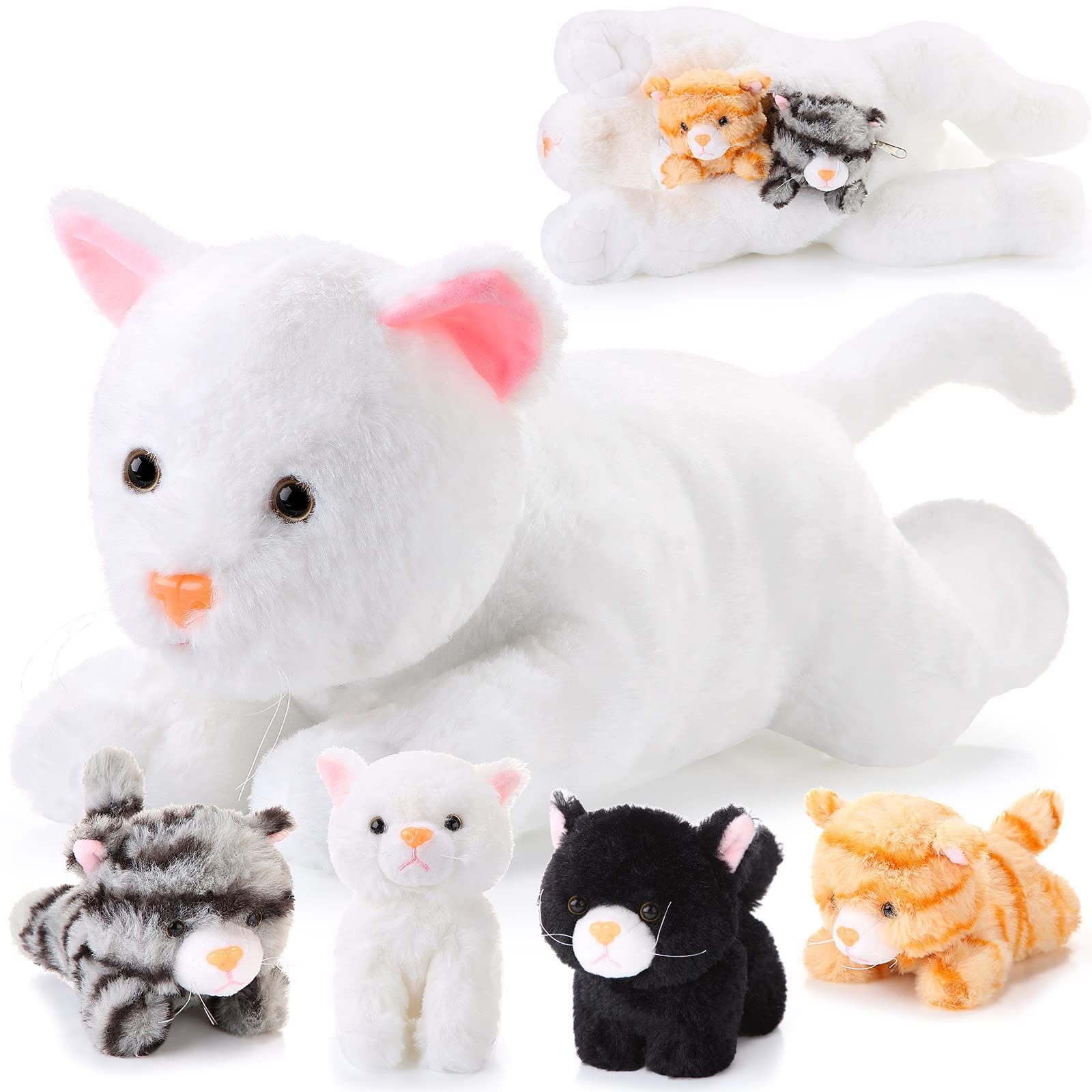 SKYLETY 5 Pieces Cat Stuffed Animal Plush Cat Set Include Large Soft Cuddly with 4 Cute Fluffy Plush Kittens in Mommy Cat's Belly Nurturing Cat Huggable Sleeping Birthday Gifts (White)