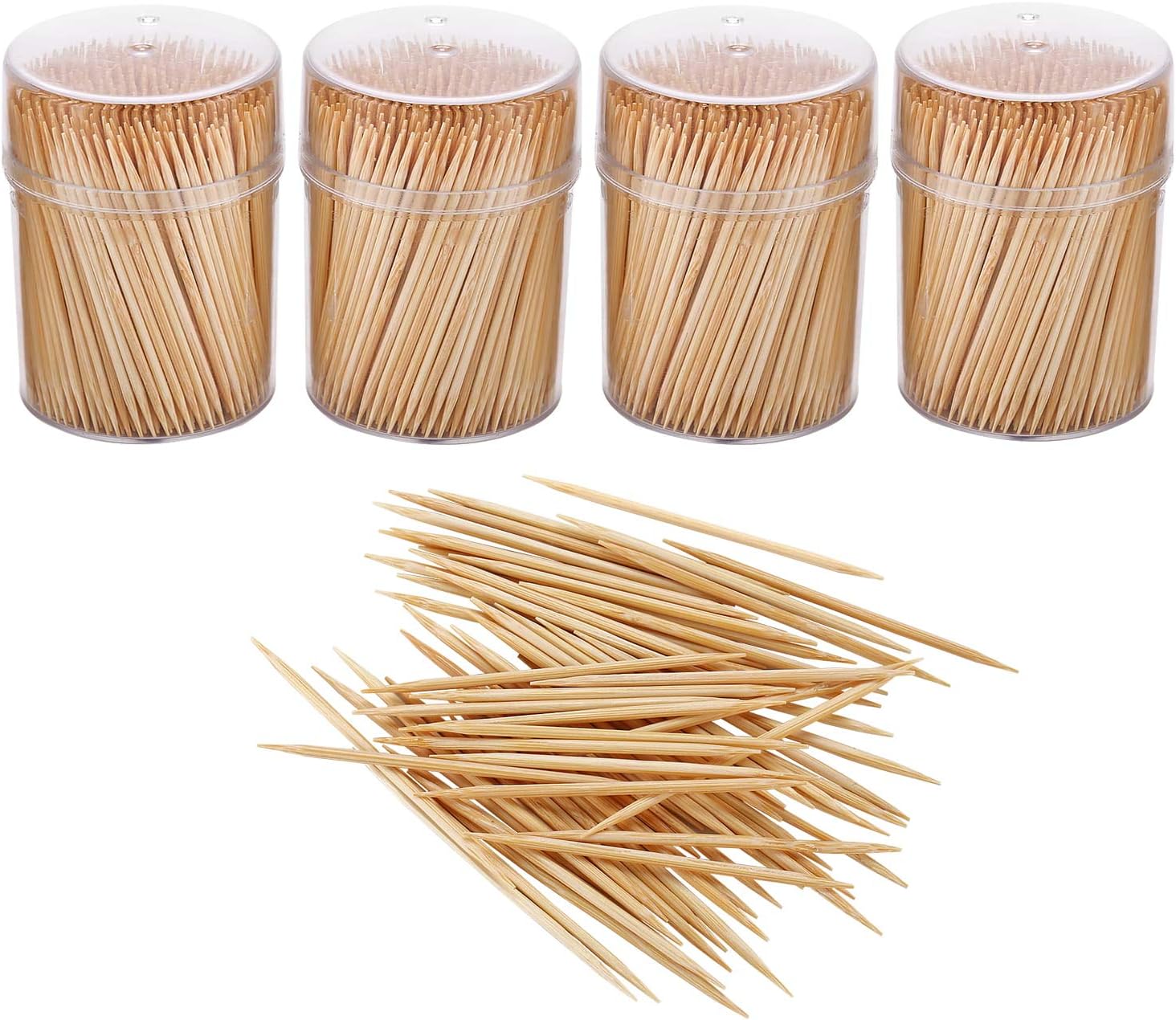 Bamboo Wooden Toothpicks 1600 Pieces, 4 Packs of 400pc, Round, Double Sided, Olive, Plastic Storage Holder