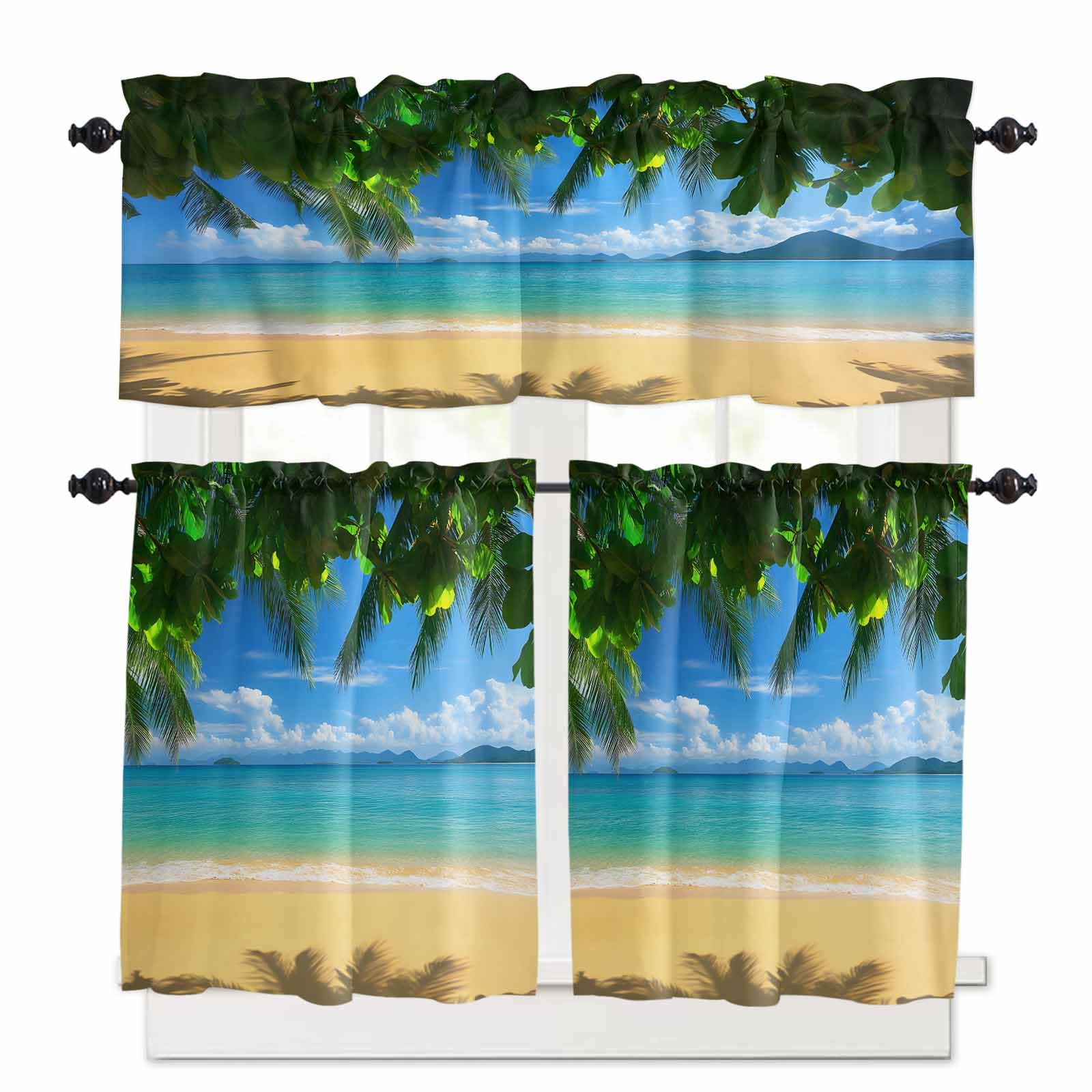 Ocean Beach Kitchen Curtains 24 Inch Length,3 Piece Rod Pocket Small Half Tiers and Valance Set,Blue Sea Shoreline Coconut Coastal Palm Tree Small Large Window Treatment Decor for Bedroom/Bathroom