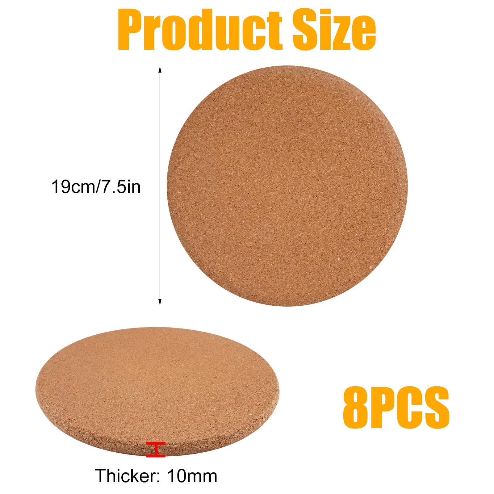 8 Piezas Salvamanteles de Corcho, 19 cm de Diámetro y 1 cm de Grosor, Posavasos de Corcho Redondo, Resistentes al Calor, Reutilizables, para Ollas, Plantas, Vasos, Floreros y Cuencos
