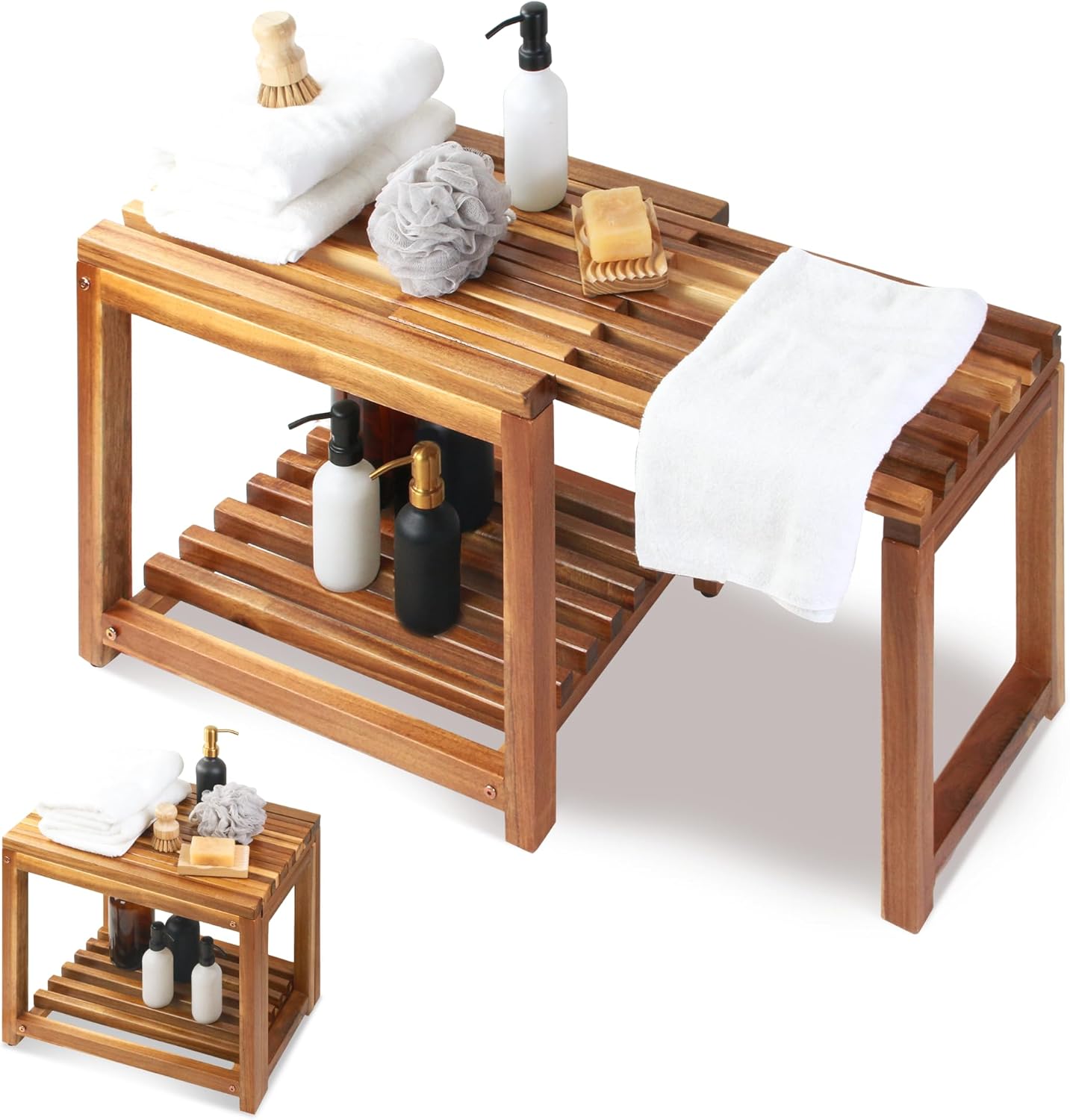 Adjustable Length 35 Inches Shower Stool Bench Chair Waterproof with Storage Shelf for Shaving Legs, Spa, Bath Seat in Bathroom, Inside Shower for Adults Seniors Elderly (Large 35 in)