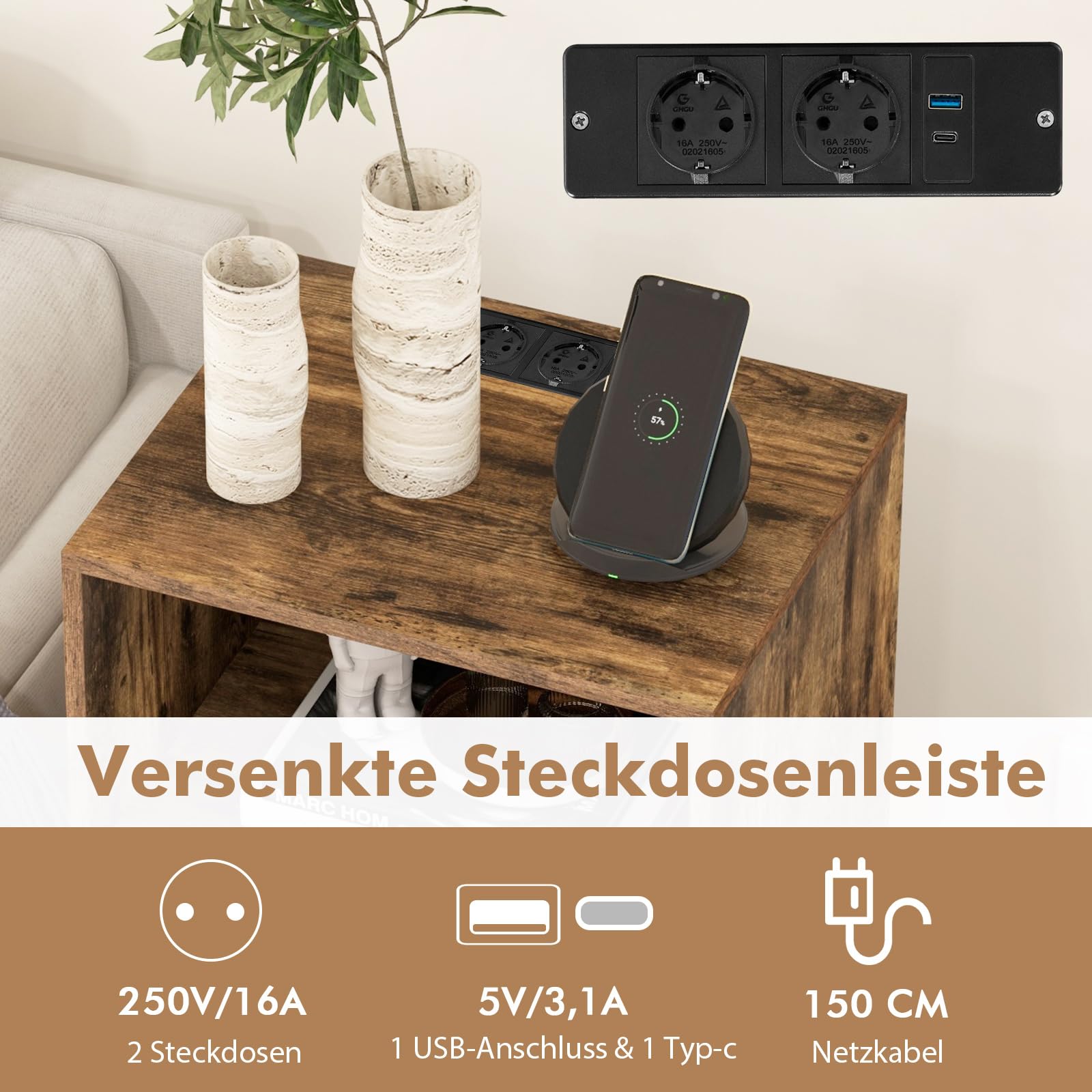 COSTWAY Plattenspieler-Ständer mit Ladestation, 3-stufiger Schallplattenständer, Vinylplatten Aufbewahrungstisch mit Regal & 4 Trennwänden für Wohnzimmer 48 x 40 x 88 cm (Industriell)