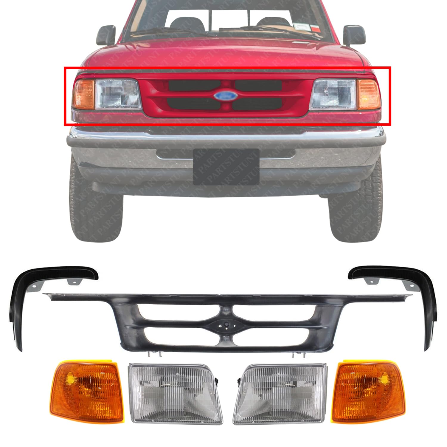 PARTSTUNT Front Bumper Grille Primed + Extensions + Corner Lights + Headlights Left Driver & Right Passenger Side Direct Replacement For 1993-1997