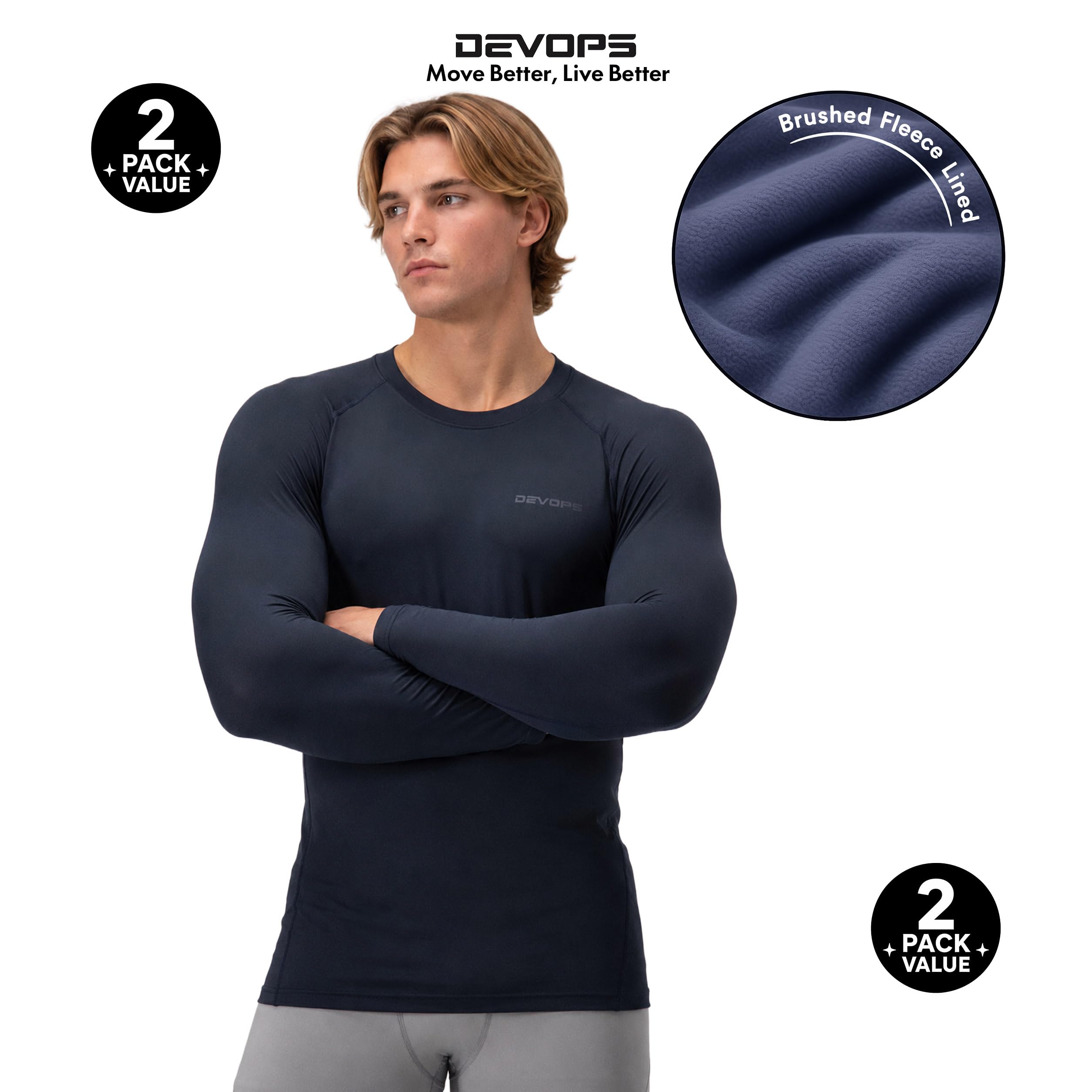 Devops Devops 2 Pack Men's Thermal Long Sleeve Shirts Fleece Lined Base Layer Tops Manga Larga Hombre (Pack de 2)