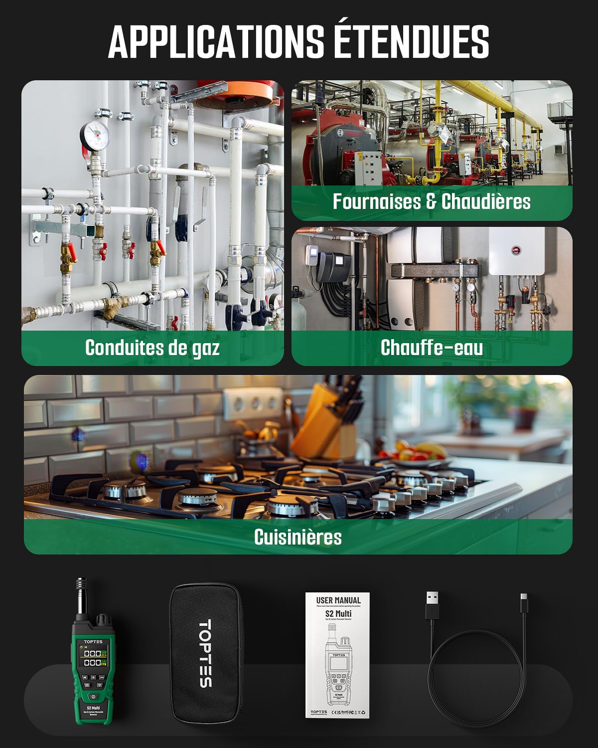 TopTes S2 Multi Detecteur De Gaz & Detecteur Monoxyde Carbone Portable-GN