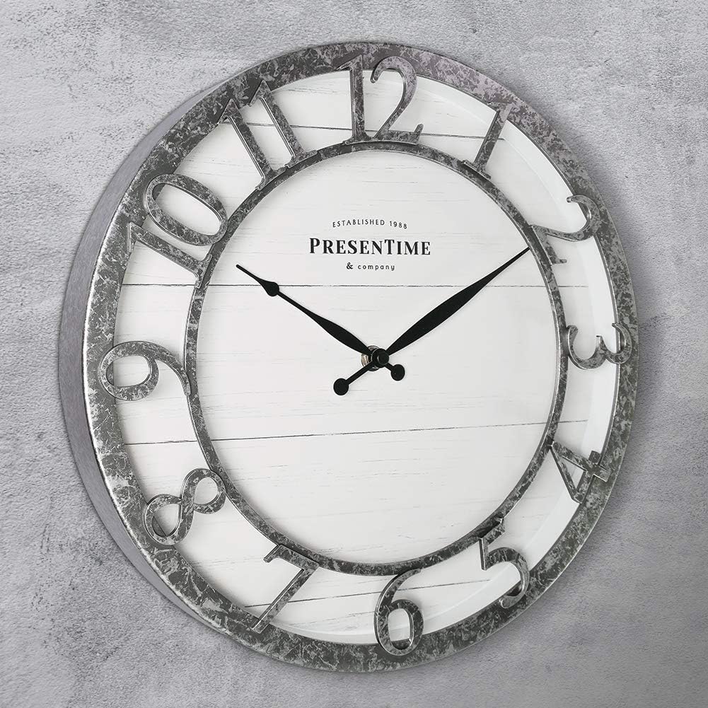 Presentime & Co 13" Farmhouse Series Wall Clock, Quartz Movement, Shiplap Style,Raised 3D Arabic Numeral, Galvanized Finish