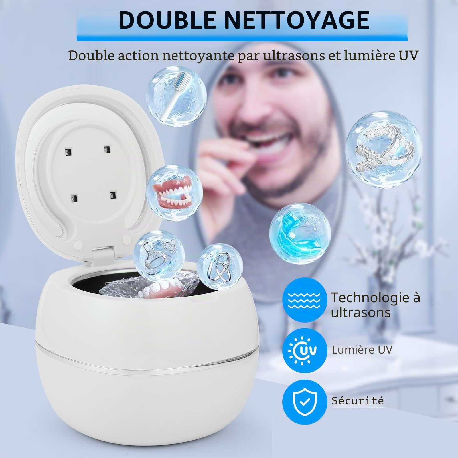 Nettoyeur Ultrasons,GuKKK 28W Detartreur Dentaire Ultrason UV,180ML Nettoyeur Ultrason Appareil Dentaire pour Prothèses Dentaires,Protège-dents de Nuit, Aligneur,Tête de Brosse,Bijoux (Weiß)