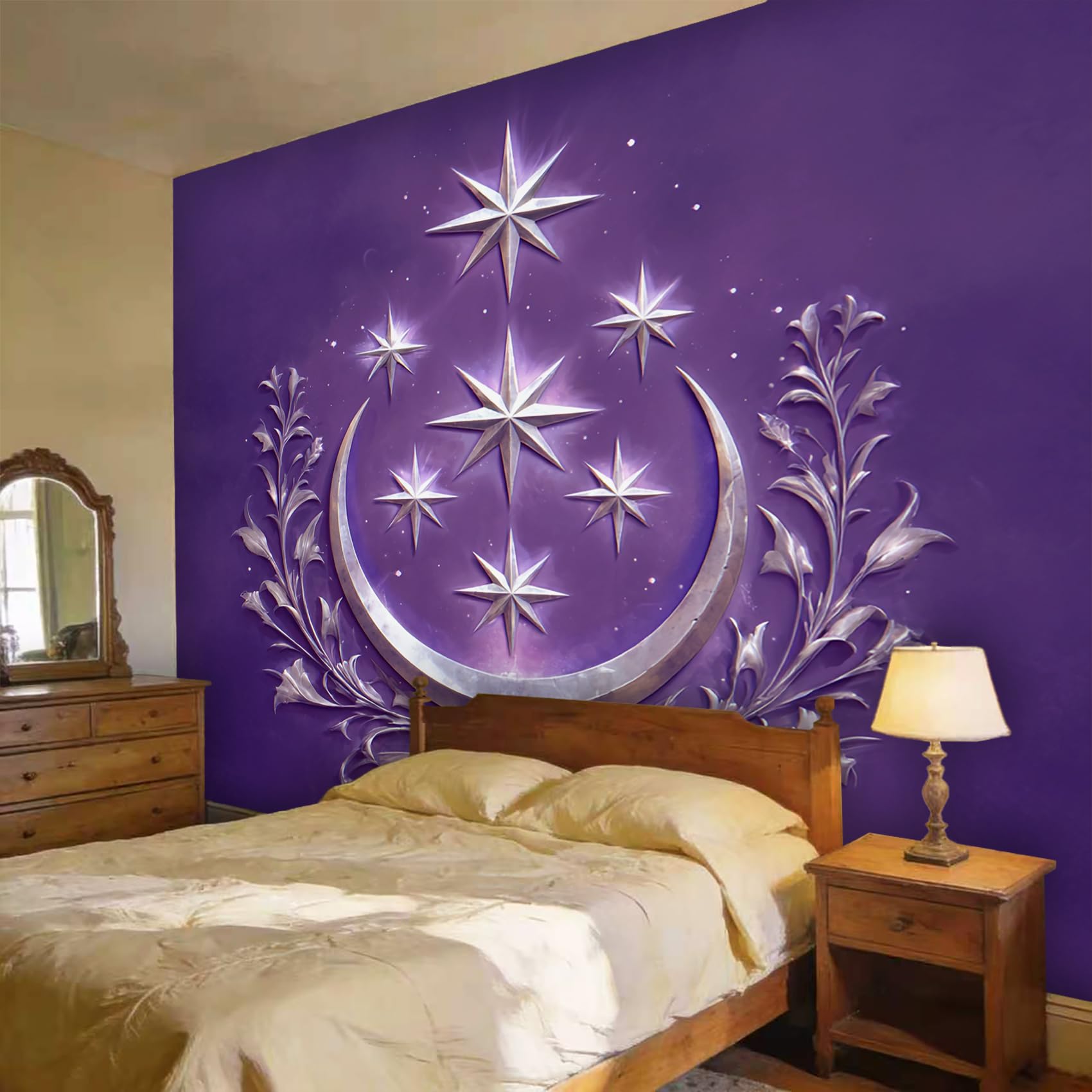 Générique Papier Peint Panoramique Lune Etoile Chambre Salon Cuisine Intissé, Papier Peint Motif Argent Violet, Deco Murale Lune Etoile, 500 x 350 cm (Largeur x Hauteur), GG3239