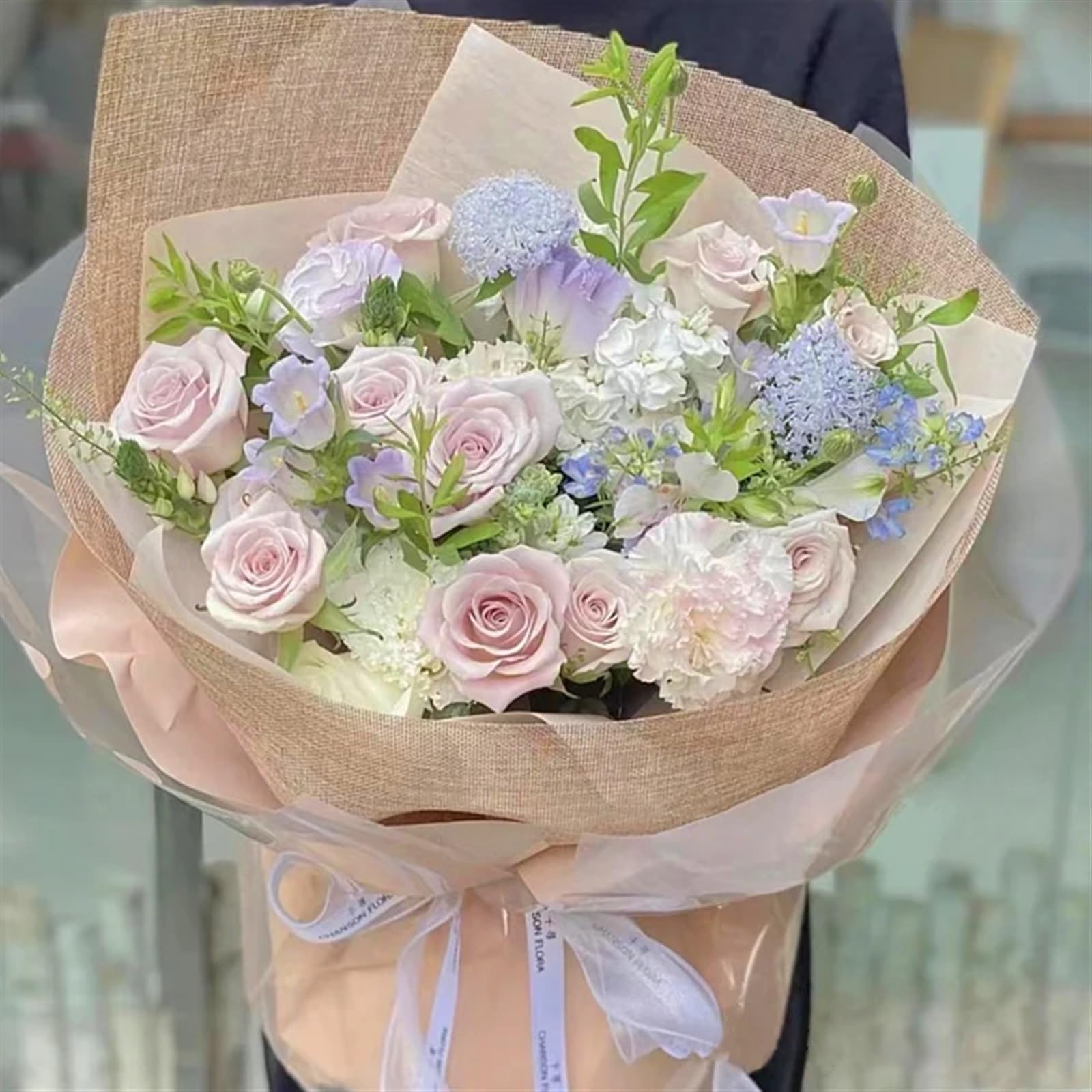 Blumen Papier 48 cm x 4,5 m Leinen Baumwolle Blume Geschenkpapier Wasserdicht Bouquet Verpackung Seidenpapier Hochzeit Geburtstag Party Verpackung Dekor(Pink)