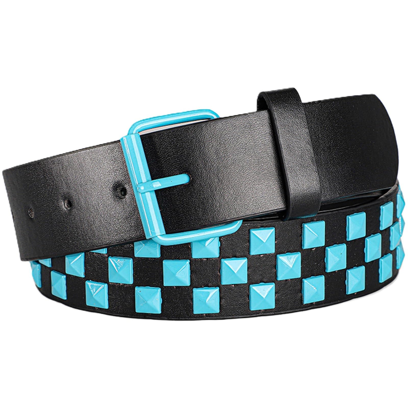 AGUTALITHIC Metal Punk Rock Studded Belt for Women Gothic PU-Leather Strap with Pyramid Four-Jaw Square Rivets Roller Buckle(110cm/43, Cyan)