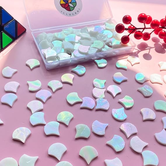 ILLUCKAI 3/4 Iridescent Fanshape Glass Mosaic Tiles for Crafts, 170 Pieces Stained Glass Sheets for Home Decor, Mosaic Kit for Adults(Iridescent White)