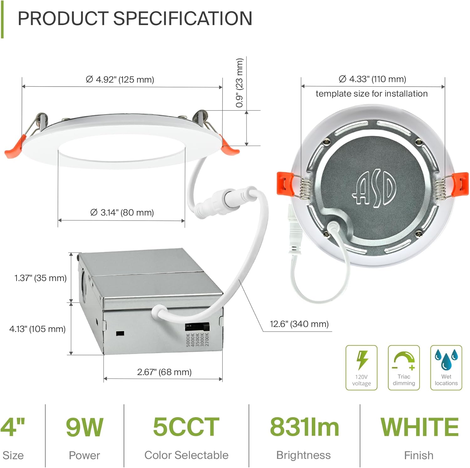 ASD 6 Pack LED Recessed Lighting 4 Inch 9W, 5 CCT 2700K-5000K CRI90+, IC Rated Ultra Thin Dimmable Ceiling Lights with J Box, Canless Wafer Downlight, Round Slim Panel Light, Energy Star ETL, White