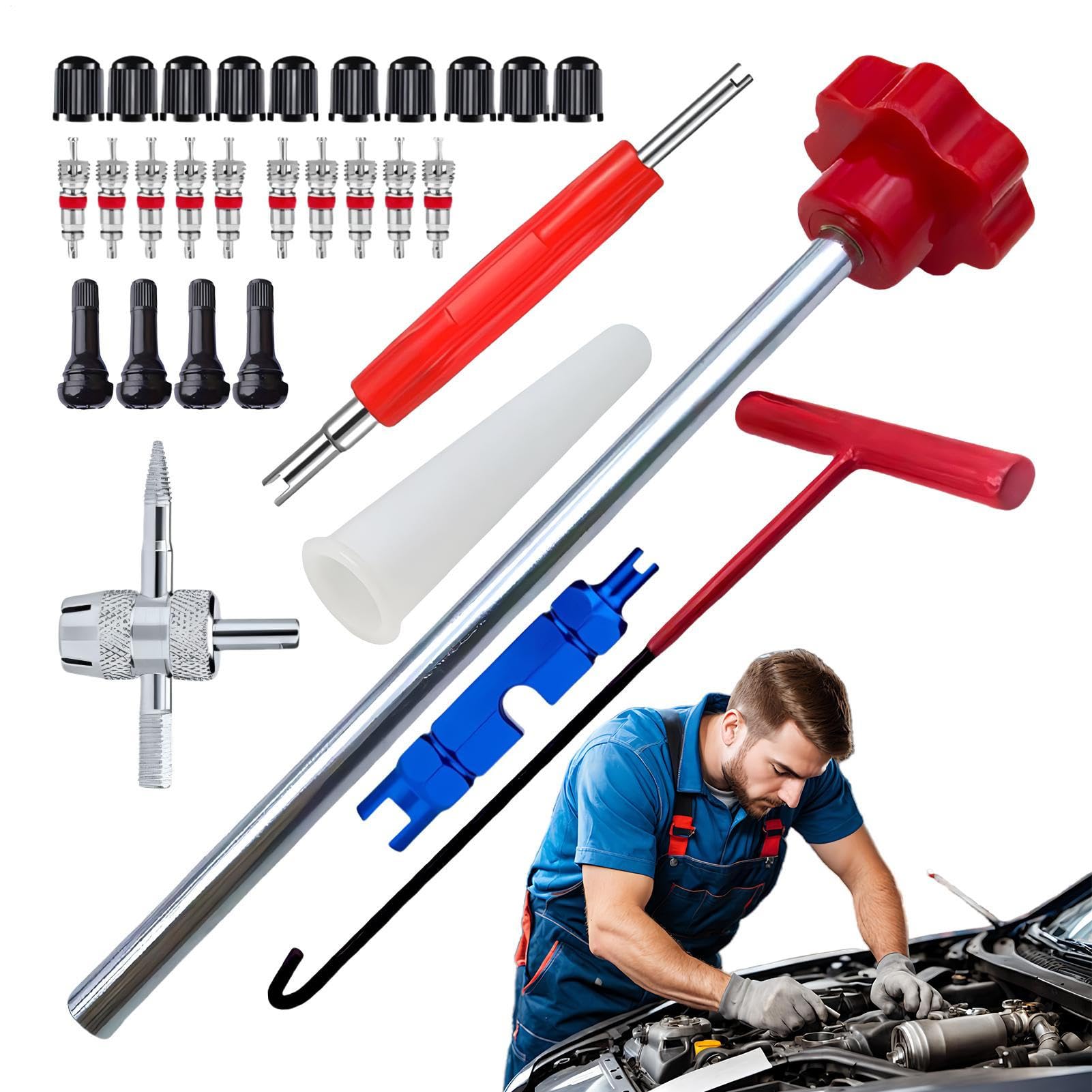Generico Attrezzo per Rimozione Stelo Valvola - Kit Installazione Valvola Pneumatici da 30 Pezzi, Gancio A T A Cambio Rapido per Impieghi Gravosi, Durevoli per Auto | Strumento Professionale per La R