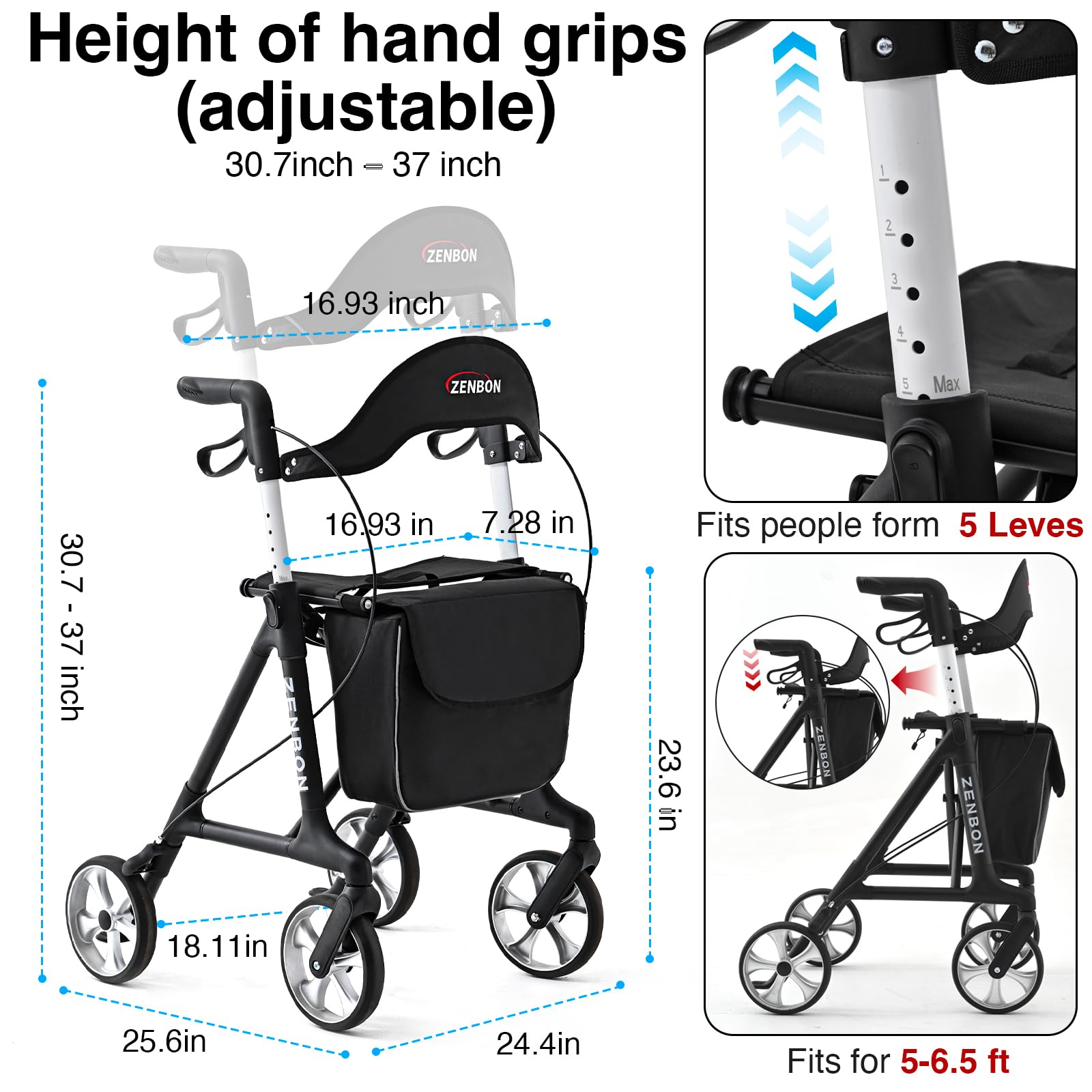 Deambulatore Leggero Pieghevole in Alluminio: Girello 4 Ruote Leggeri e Pieghevoli Speciali per Anziani - Rollator con Seduta Stretti per la Casa - Deambulatore con Funzione di Bloccaggio (Nero)