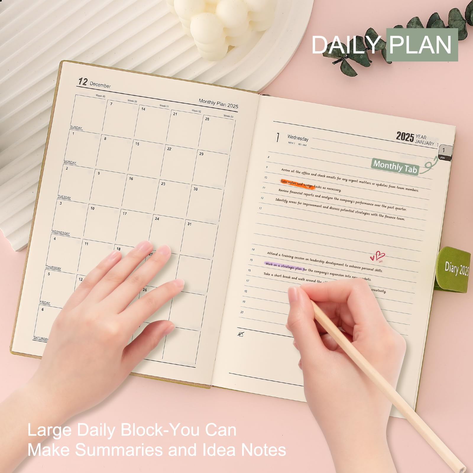 Mljtoyo Agenda 2025, formato A5, una pagina al giorno, copertina morbida, agenda giornaliera mensile da gennaio 2025 a dicembre 2025, agenda giornaliera A5, con penna, adesivi, tasca posteriore, 3