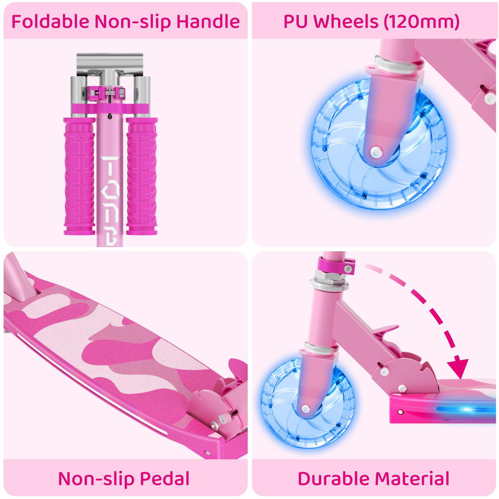 TONBUX Patinete Niños de 5 a 12 Años, Patinete Niños con Poste de Iluminación Fresco, Ruedas y Plataforma, Patinete de Altura Ajustable de Nivel 4, Patinete Ligero Plegable