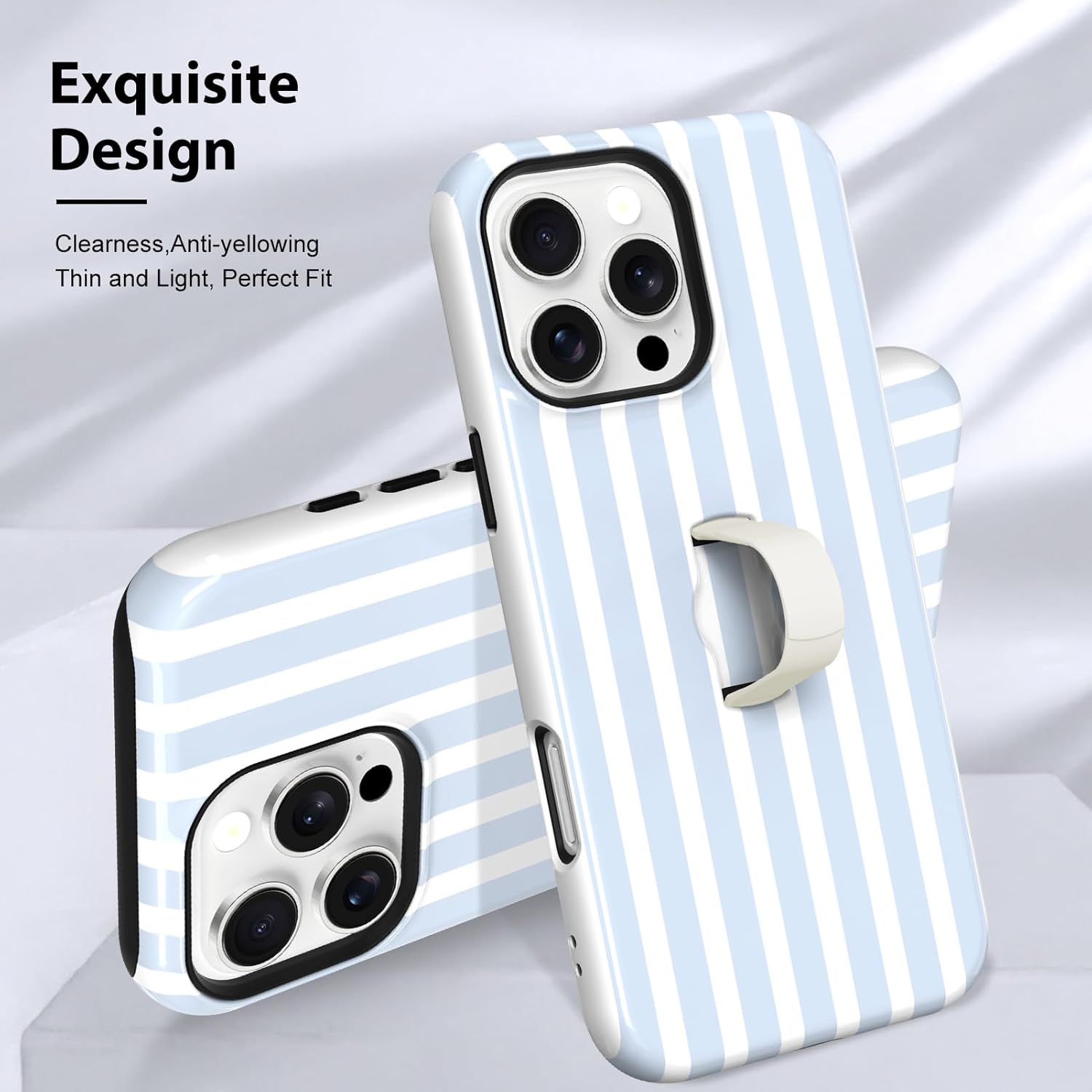 KANGHAR Compatible with iPhone 16 Pro Max Case, Stripes Cute Pattern, Finger Hold Wristband Kickstand Camera Protection Soft Slim Phone Case for Girls Women -Blue