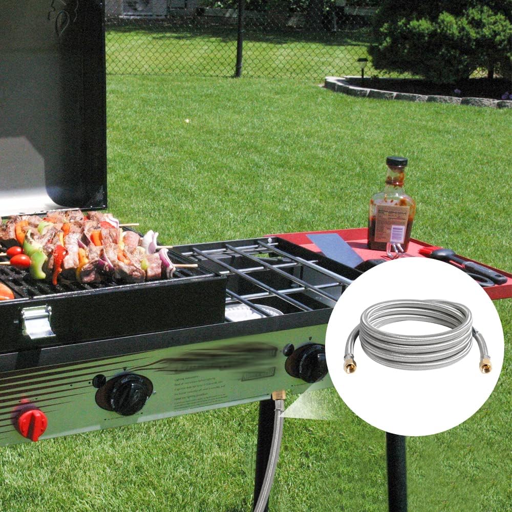 ATKKE 24FT High Pressure Propane Extension Hose with Conversion Couplings Kit, Steel Braided Propane Gas Line with Pipe Fitting 3/8" Flare for BBQ Grill, Heater, Fire Pit