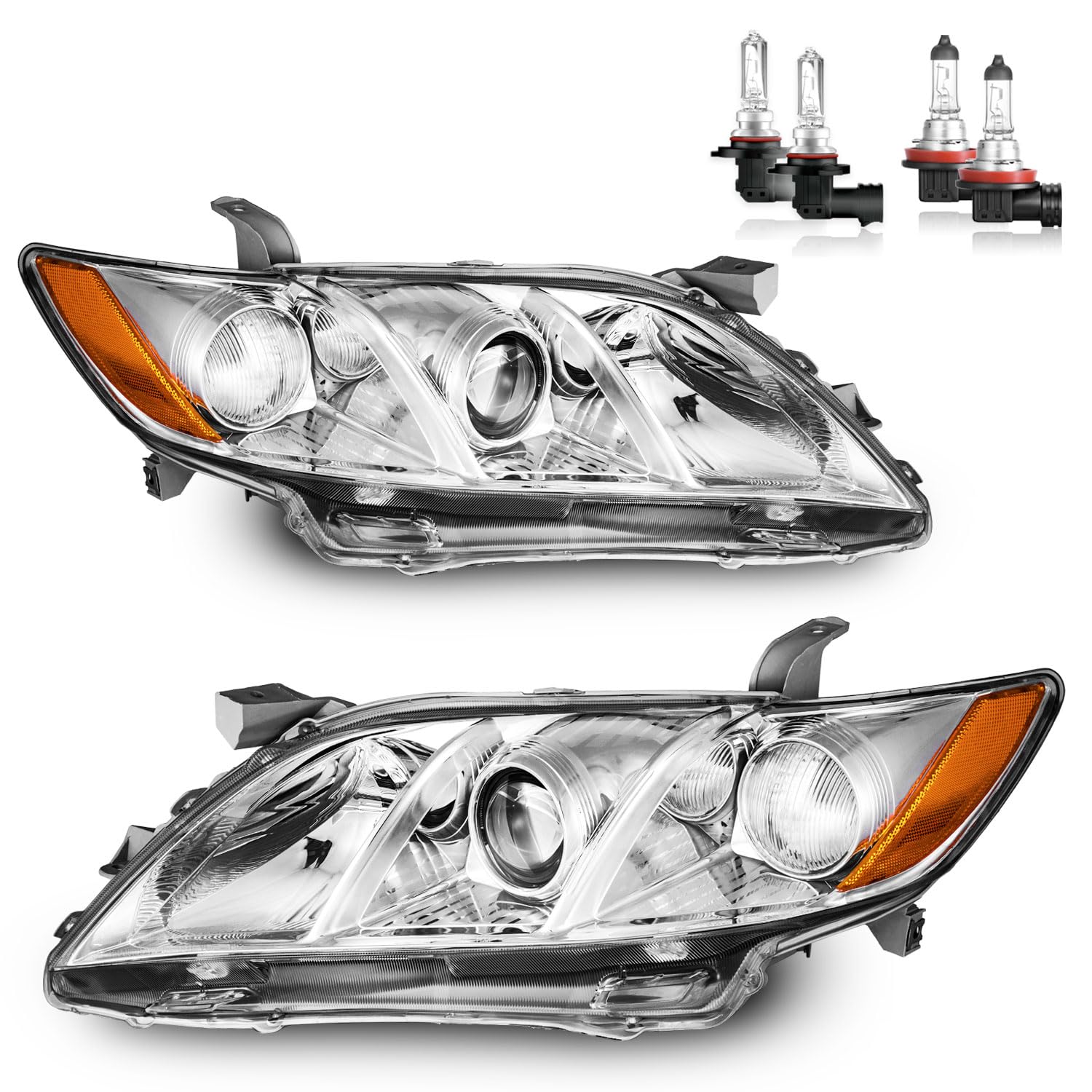 Headlights for 2007 2008 2009 Toyota Camry CE LE SE XLE Chrome - With H/L Beam Bulbs OE Replacement