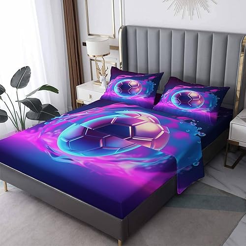 H-2&-349 - Juego de sábanas de pelotas deportivas tamaño matrimonial, sábanas y fundas de almohada estampadas de 4 piezas, sábana bajera ajustable