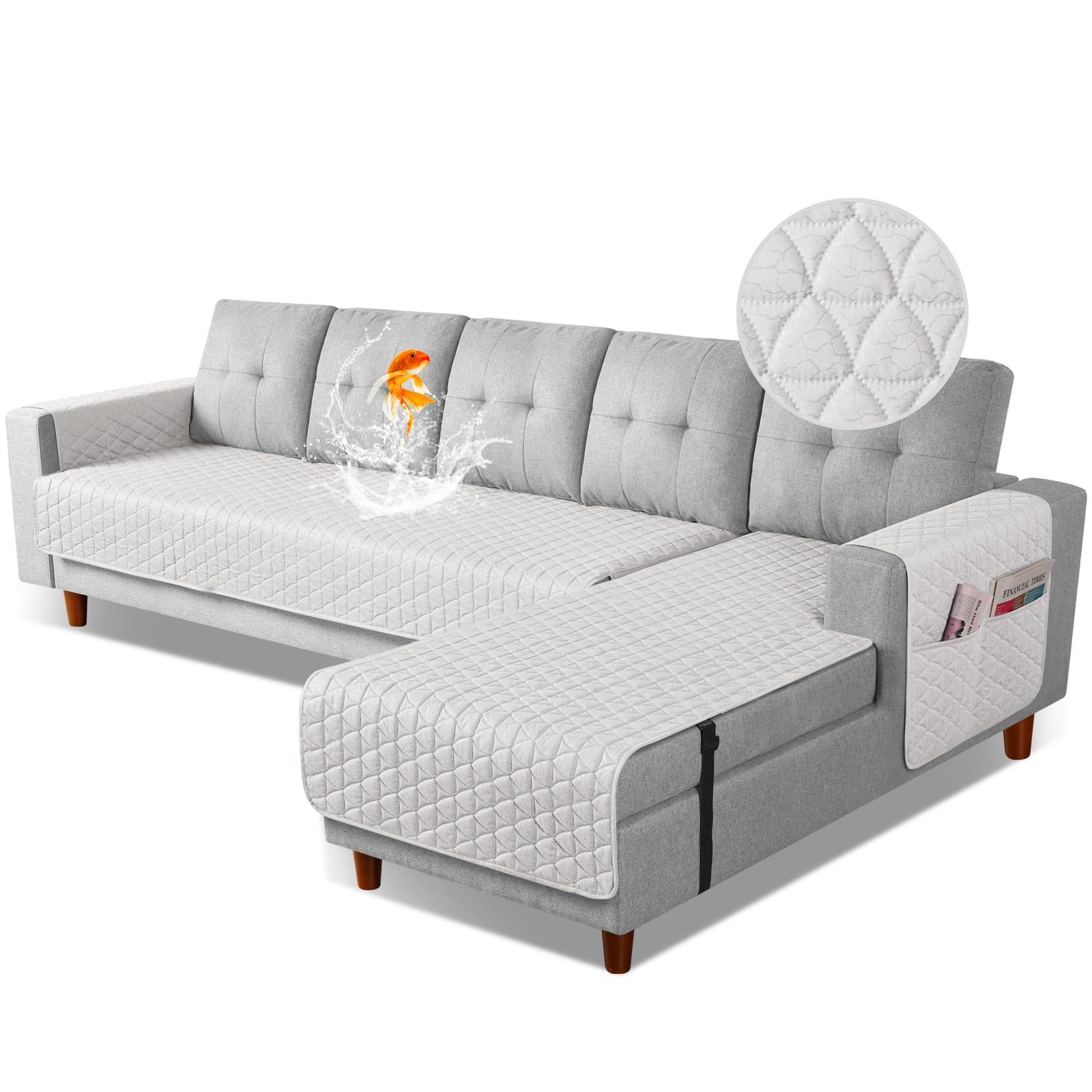 TAOCOCO Sectional Couch Covers 100% Waterproof L Shaped Sofa Covers for Right Hand Facing Chaise Lounge, 2 Pieces Couch Cover L Shape Furniture Protector Slipcover for Pets Kids, X-Large/Off White