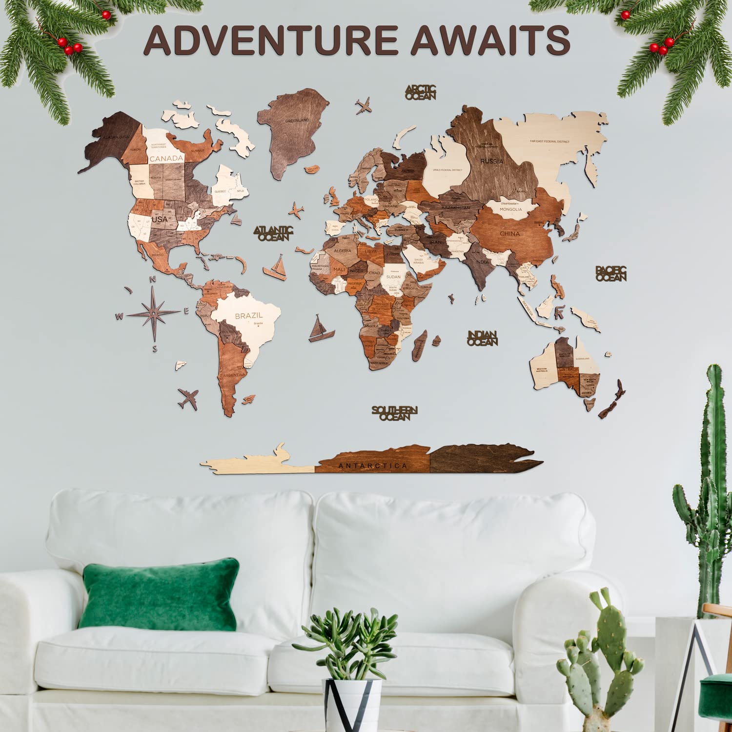 3d wood world map wall art large wall decor world travel map all sizes (m l xl xxl) any occasion gift idea wall art for home & kitchen or office 3d wood world map