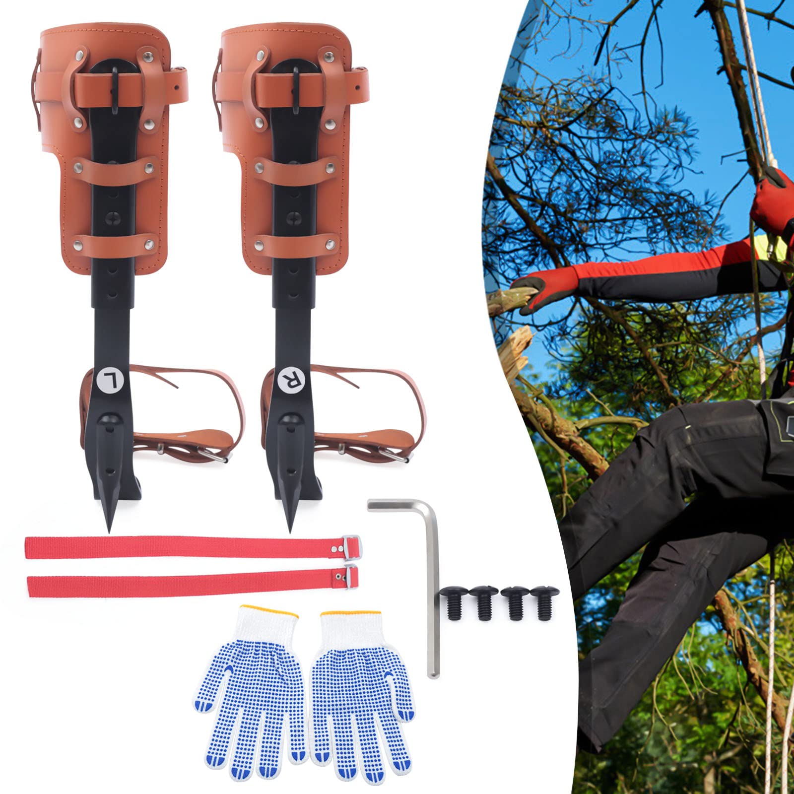 Tree Climbing Spikes Kit 220 lbs Steel Adjustable Tree Climbing Tool Climbing Trees Gear with Leggings Straps & Gloves Tree Climbing Gear Equipment for Outdoor Jungle Survival Fruit Picking