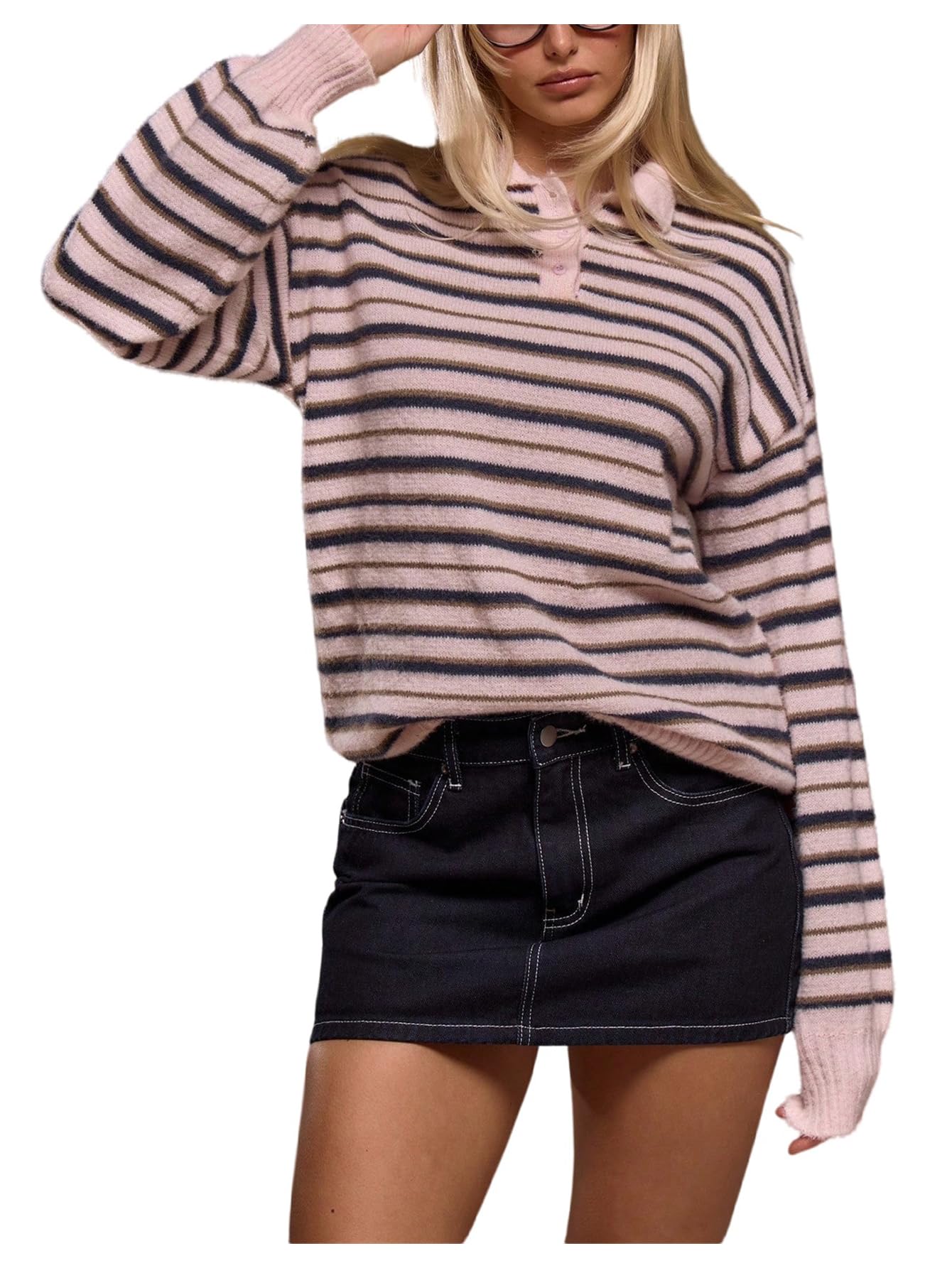 Womens Striped Lightweight Golf Sweaters Long Sleeve Collared Button Loose Fit Pullover Tops