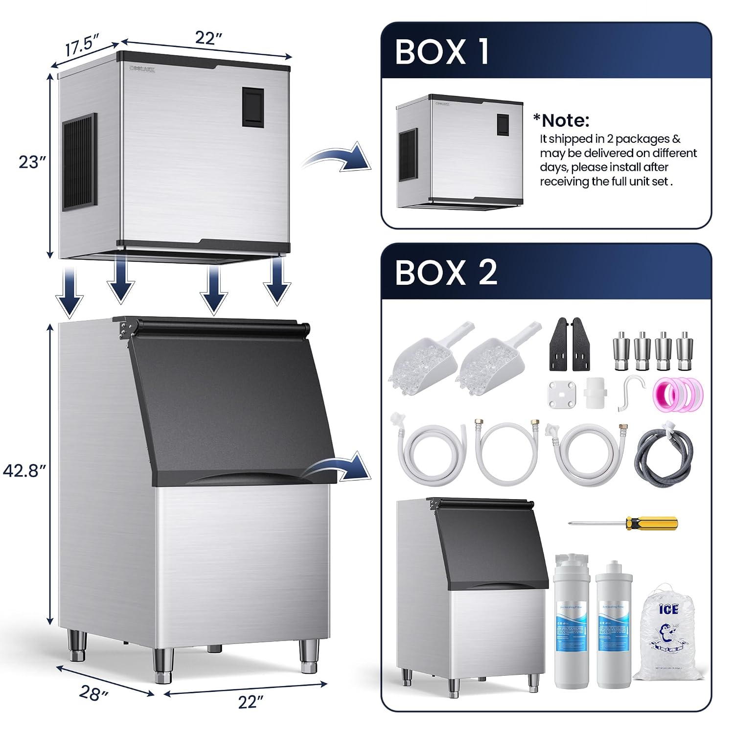 Coolake K450 Ice Maker Machine and Storage Bin in two separate boxes with accessories