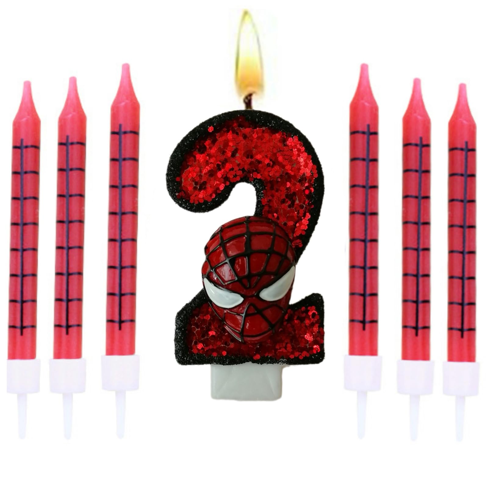 mergeko 7PCS Spider Themed Birthday number Candle Set, 6 Red Spider Web Cake Topper and 3rd Birthday Candle, Superhero Cupcake Birthday Cake Decoration for Kids Boys Girls Man Party Decorations (2)