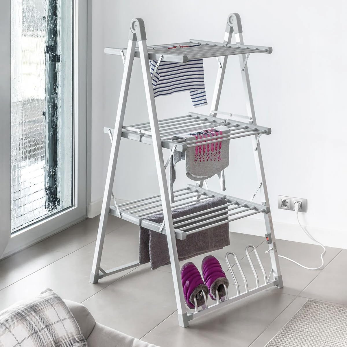 Tendedero eléctrico plegable interior – Secador de ropa eléctrica – Cuerda plegable – 30 barras – Secador interior plegable, secado rápido, soportes para zapatos, temperatura 55°C – Aluminio