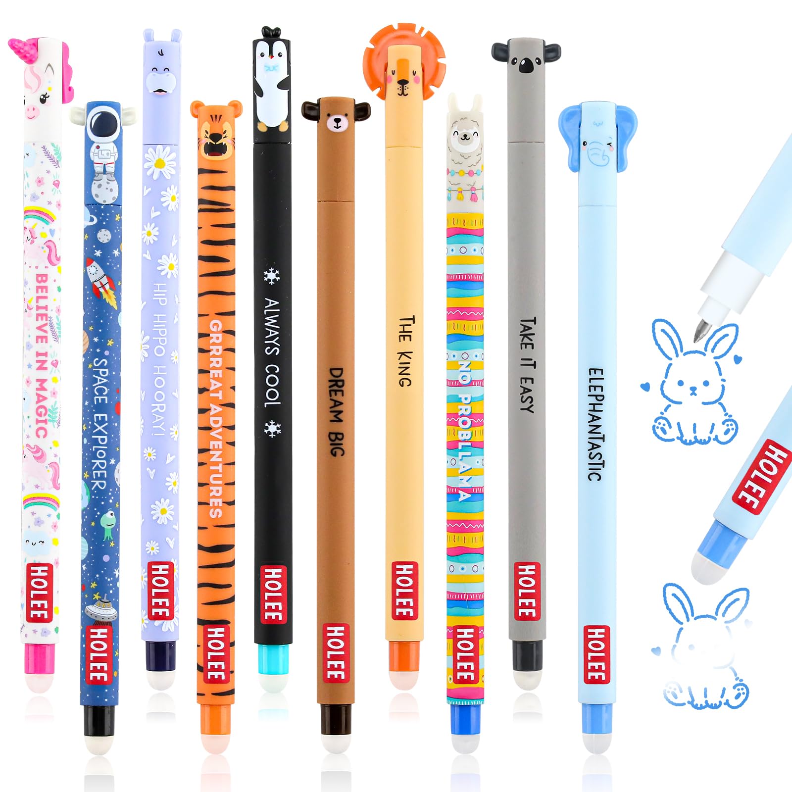 Paquete de 10 bolígrafos de gel borrables, bolígrafos borrables con diseño de animales de 0,7 mm, tinta azul, escritura suave, bolígrafos de tinta de gel reescribibles para escuela y oficina