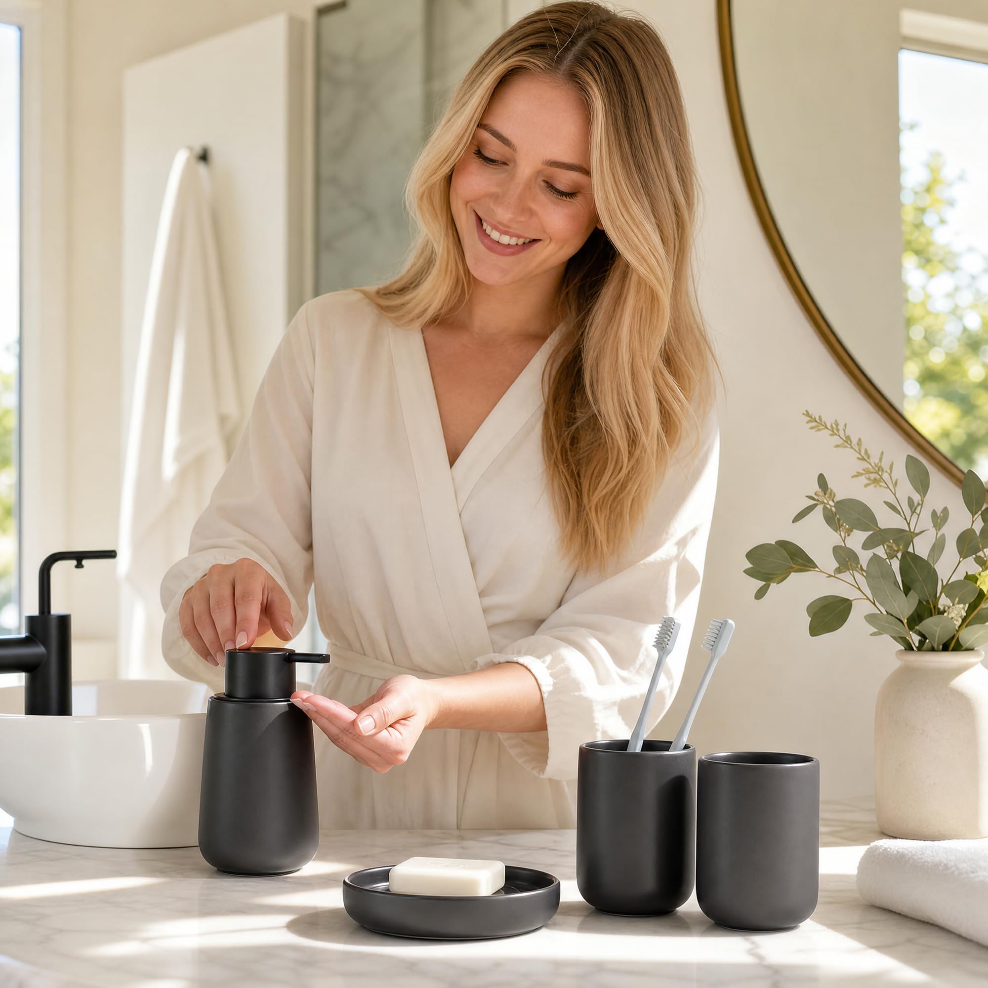 Juego de accesorios de baño de cerámica, dispensador de jabón espumoso, juego de soporte para jabón de baño y cepillo de dientes, 4 piezas con dispensador de jabón, jabonera, soporte para cepillo de
