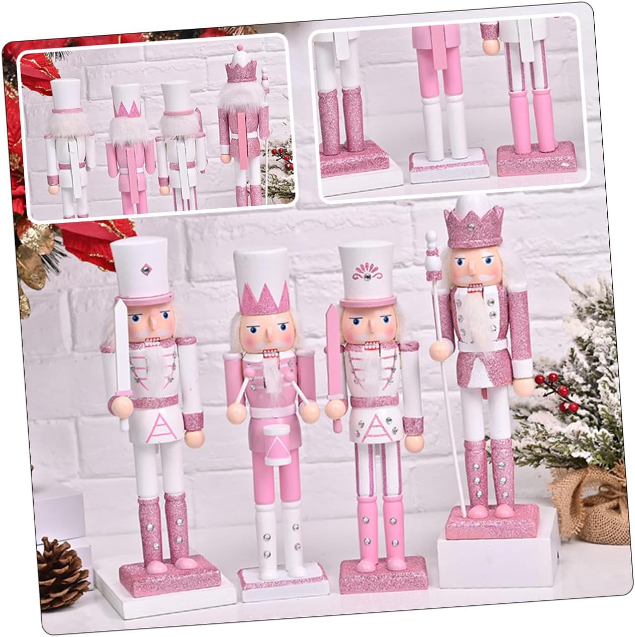 Veemoon 4pcs 24cm Pink Wooden Nutcracker Figurines Christmas Nutcracker Decoration Set Desktop Xmas Tabletop Ornament Holiday