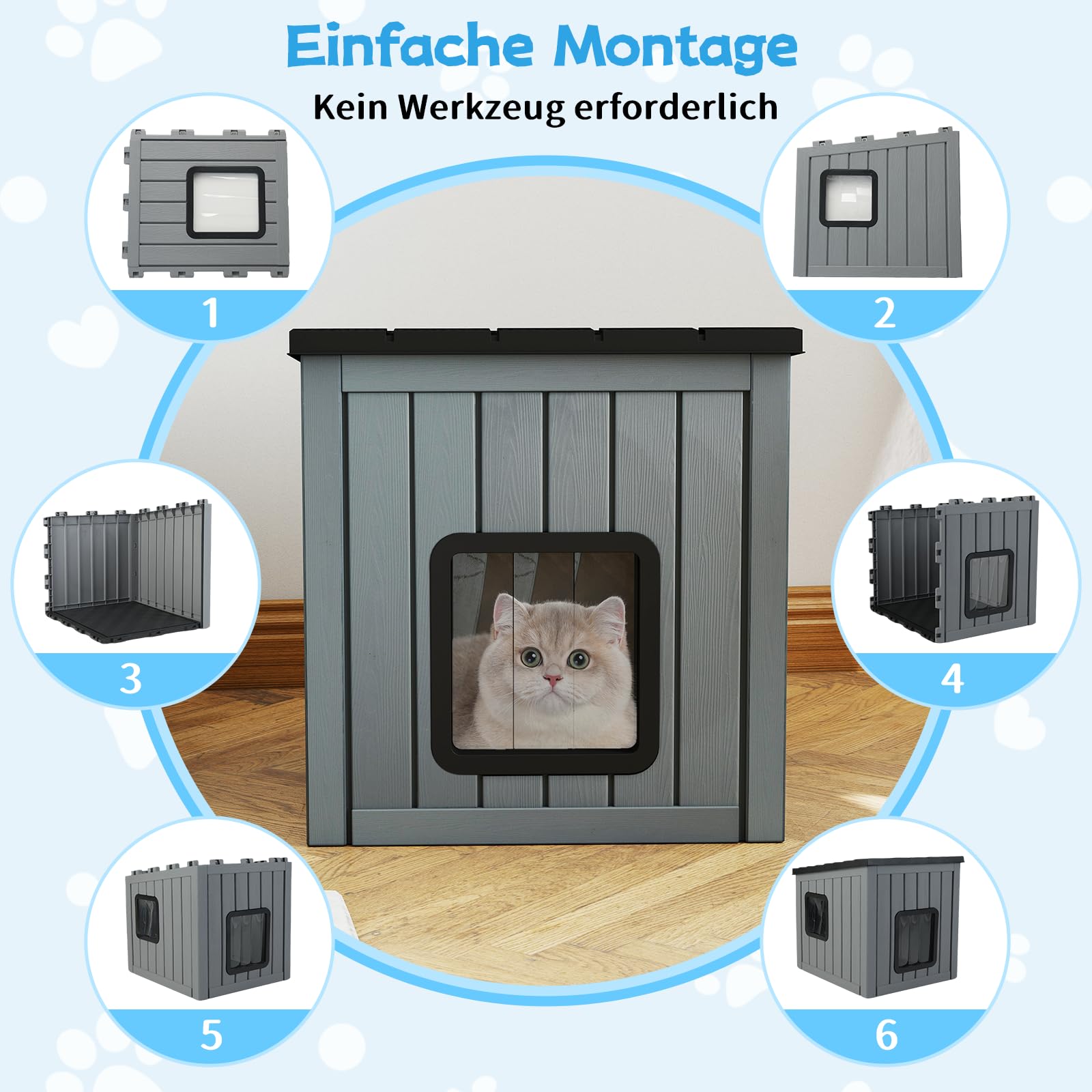 COSTWAY Katzenhaus Outdoor Winterfest, Isolierte Katzenhütte für Winter, Katzenhöhle mit 2 PVC-Türen & geneigtem Dach, PP, für Katzen Hunde Haustier, 62,5 x 54 x 56,5 cm, Grau