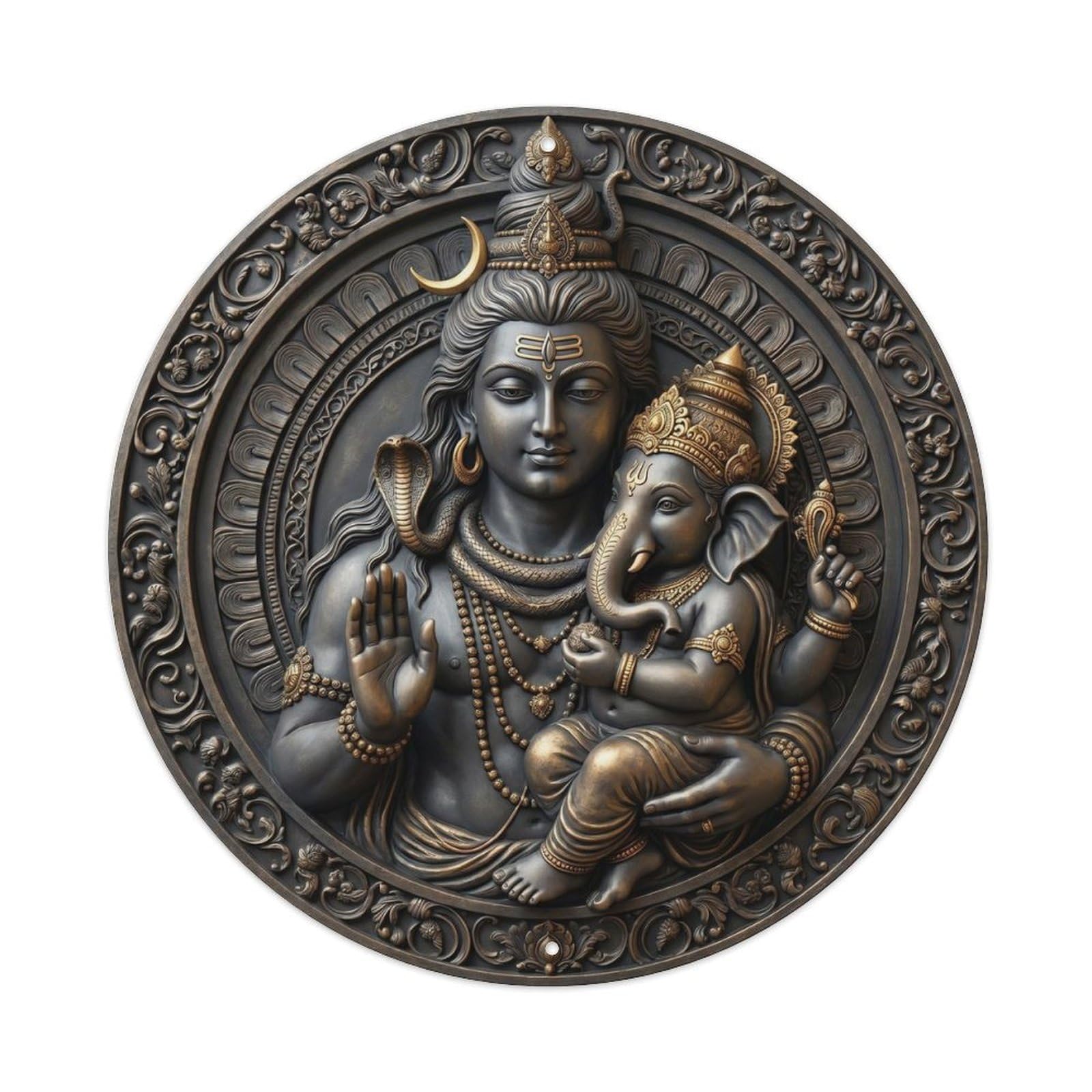 Shiva Ganesha Father Son Blessing Relief Sculpture Metal Tin Sign