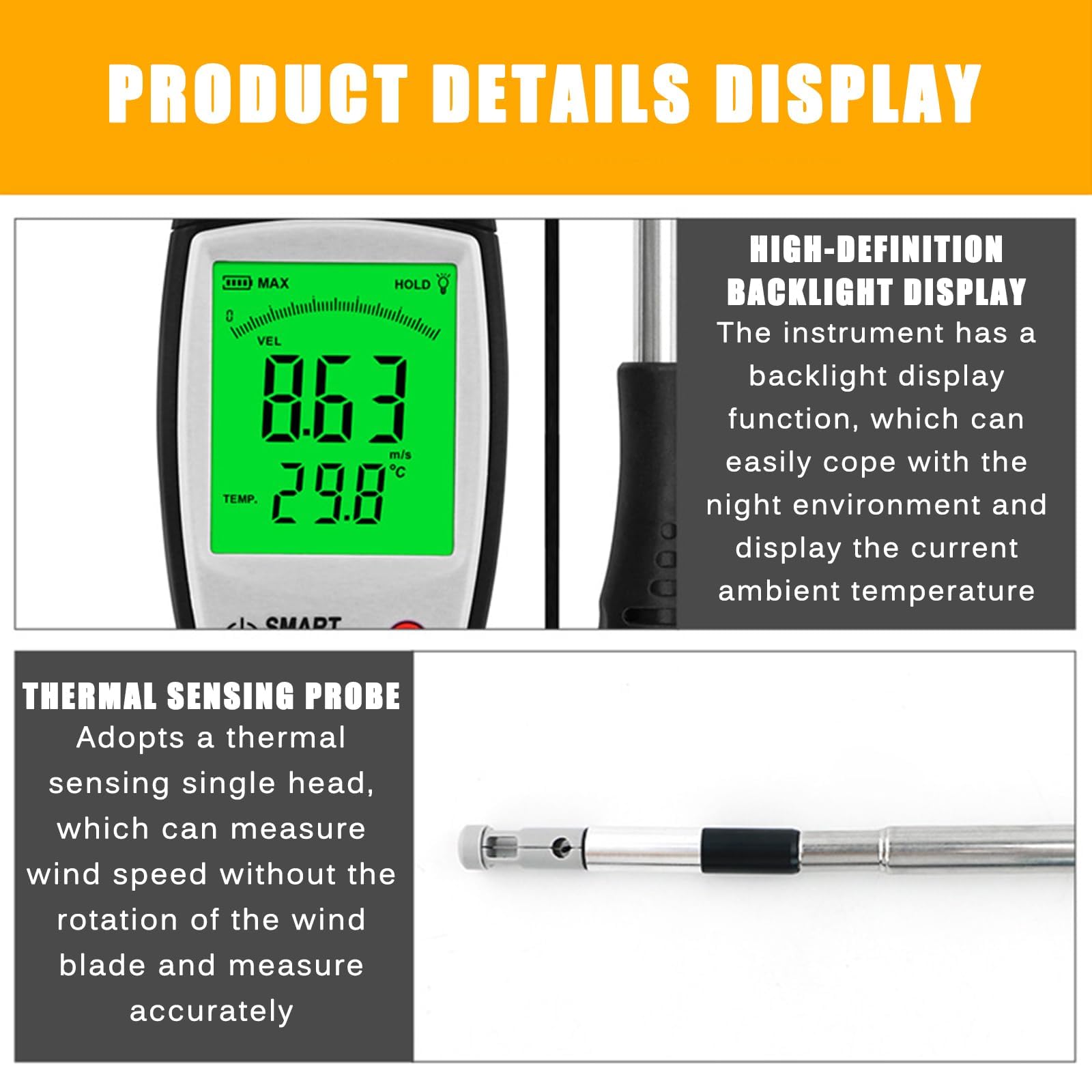 Anemómetro digital de mano, medidor de velocidad del flujo de aire, medidores de velocidad del viento, pantalla LCD grande, velocidad del viento 0~30 m/s, para campanas de flujo, salas limpias, veloci