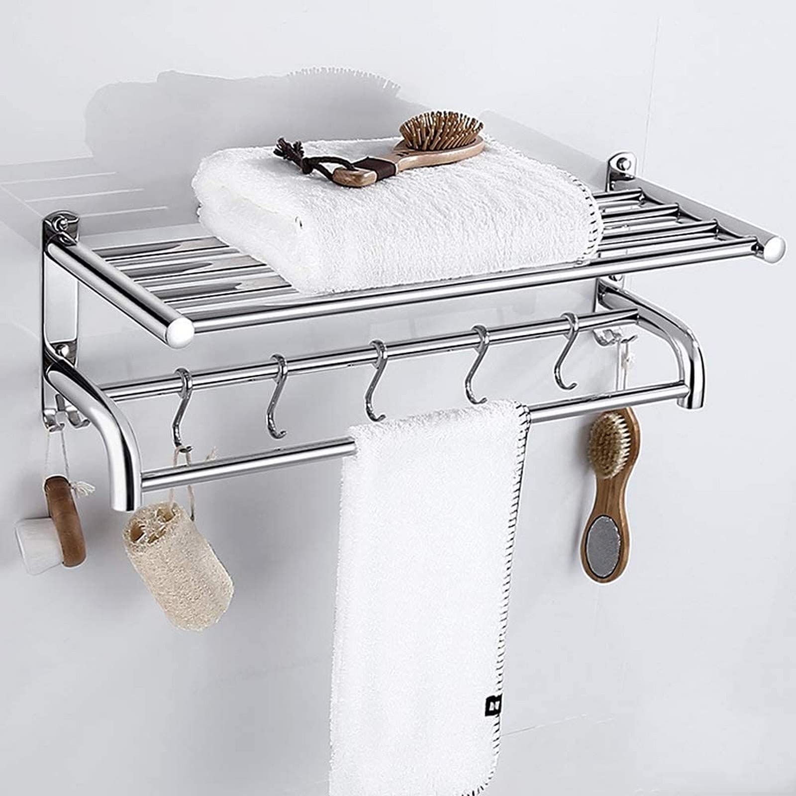 GONMDOPY Towel Rail,Bathroom Shelf Stainless Steel Bath Towel Rack Wall-Hung Bathroom Hardware Hanging Hotel Rack Shelf for Kitchen or Bathroom with Hooks/60Cm