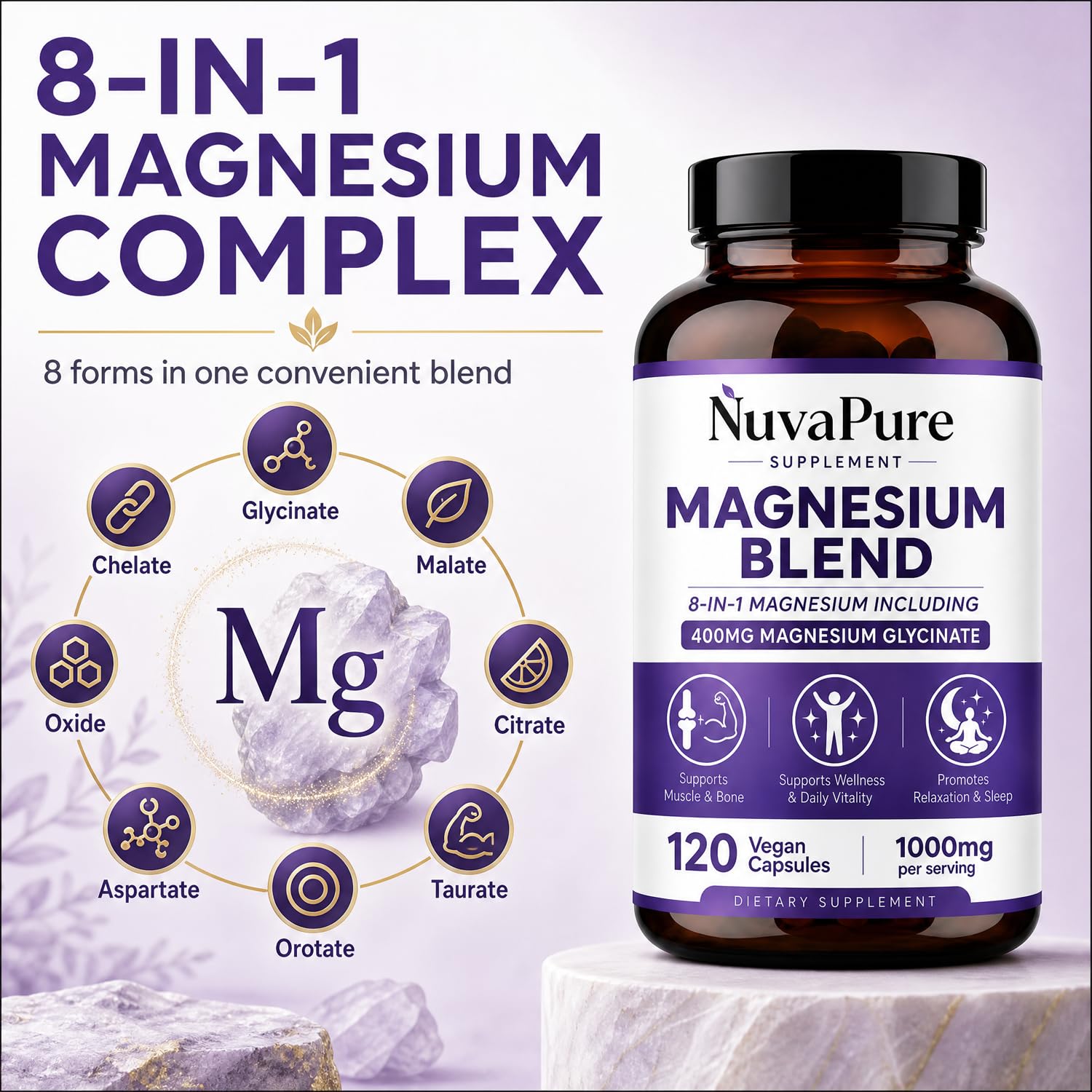 Magnesium Blend, 8-in-1 Magnesium Complex with Magnesium Glycinate, Supports Relaxation, Muscle Function, Energy & Daily Wellness, 120 Vegan Capsules (White, 1Pcs) — Amazon image 3