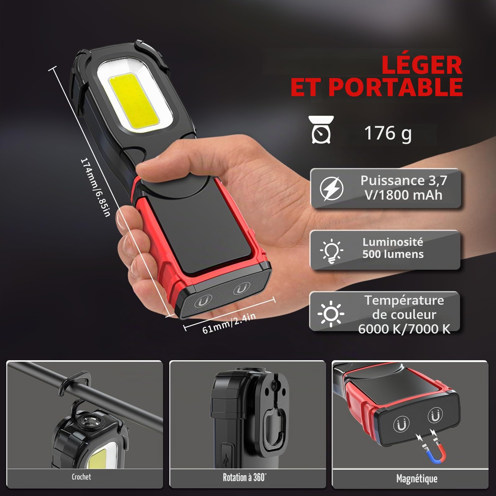 Lampe de travail LED, lampe de poche, lampe de travail 360° pivotante avec 3 modes d'éclairage, lampe d'atelier LED avec base magnétique et crochet, lampe d'inspection COB pour réparation