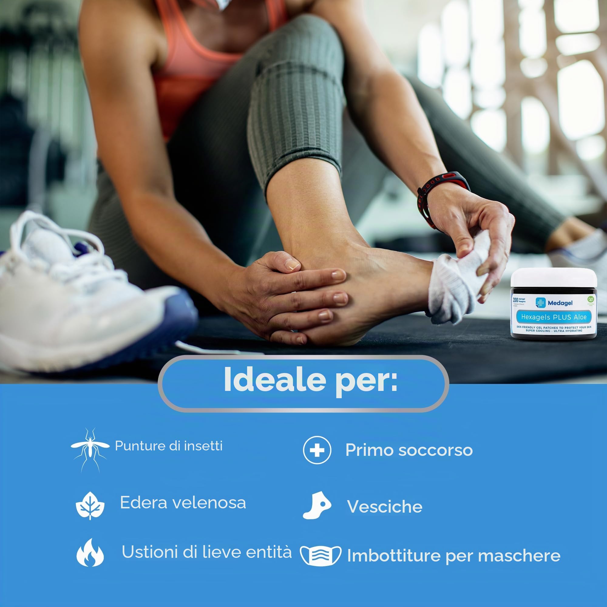 Medagel Hexagels Plus Aloe Vera - Cuscinetti curativi in idrogel per la prevenzione delle vesciche e la cura lenitiva delle ustioni, protezione per piedi, tallone, dita e caviglia, confezione da 200