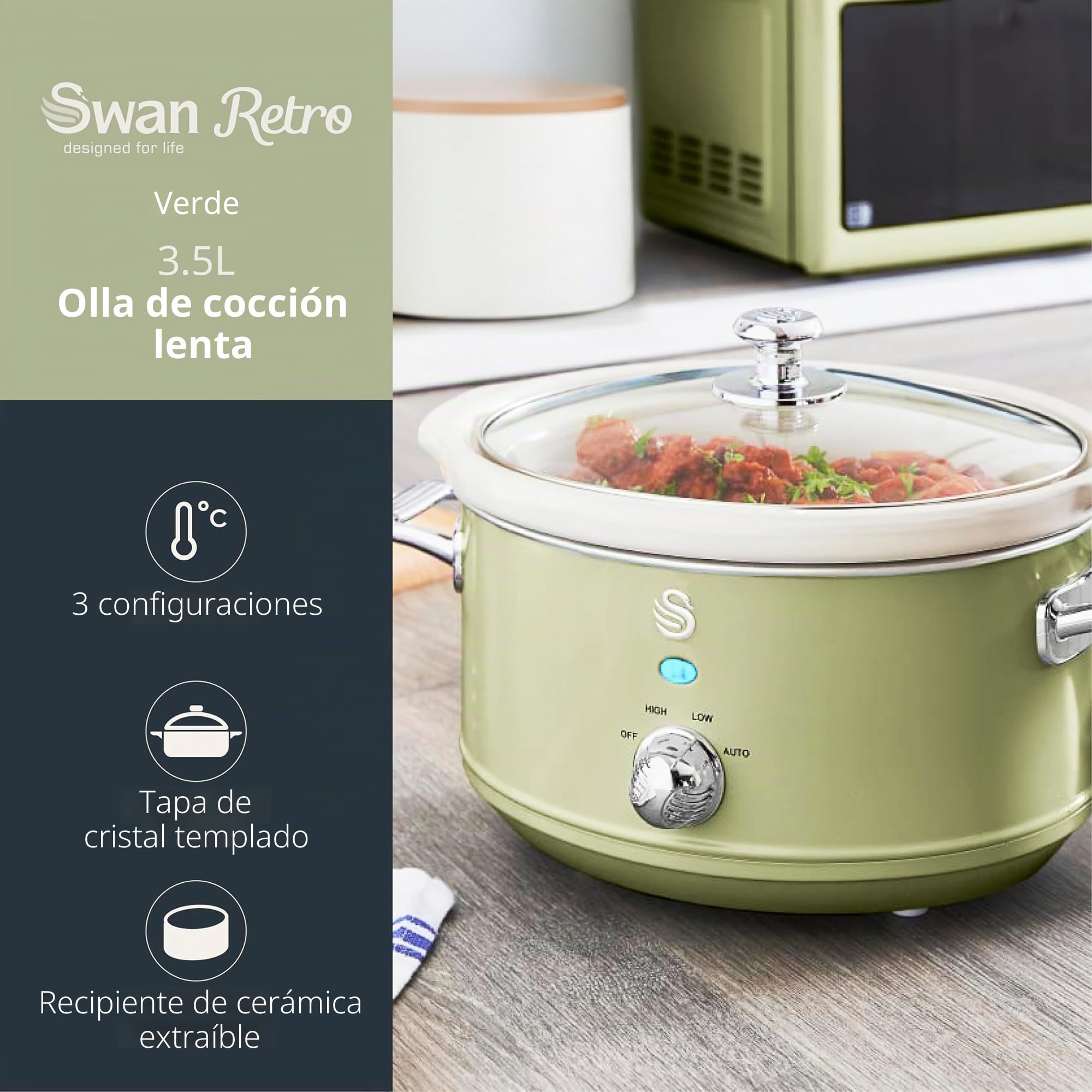 Swan Retro SF17021GN Olla Cocción Lenta 3,5L Recipiente Extraíble, Antiadherente Cerámica libre PFOA y PTFE, 3 Niveles Temperatura, Tapa Vidrio, Slow Cooker, Diseño Vintage, Verde, 200W