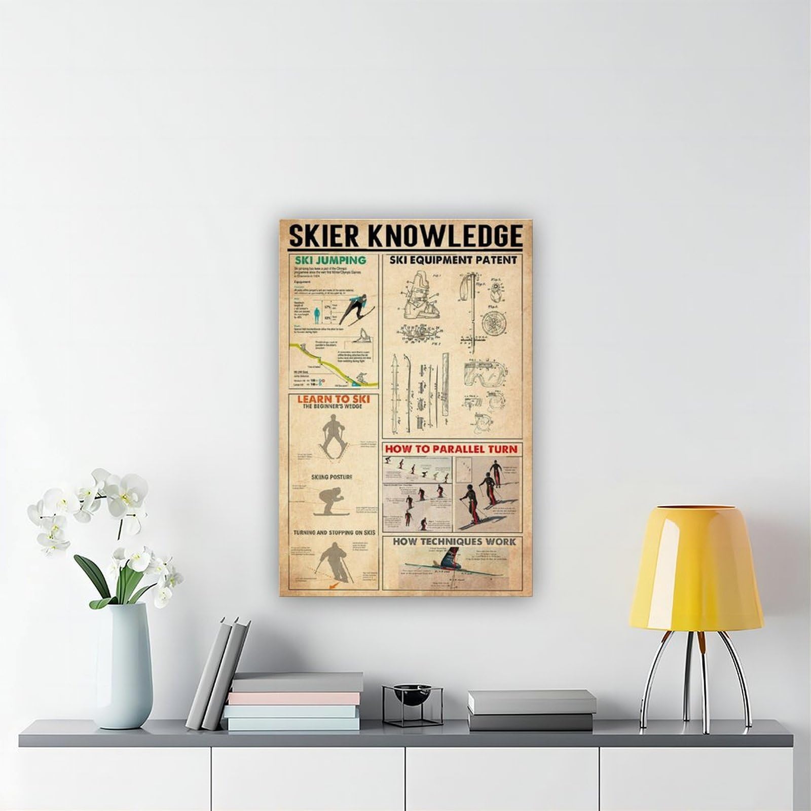 Poster su tela con scritta "Skier Knowledge", decorazione per camera da letto, ufficio, stanza, regalo, 50 x 75 cm