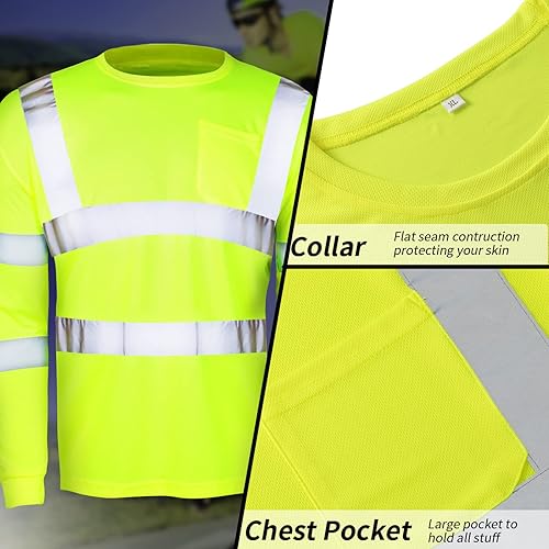 Miniatura 5 de Paquete de 6 camisas de seguridad de alta visibilidad, talla XL, reflectantes, de manga larga, para hombre, color amarillo, transpirable, unisex,