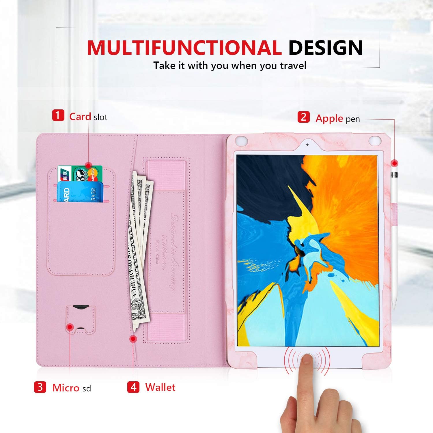 FYY Leather Case with Apple Pencil Holder for iPad Air 1/2, iPad 9.7 2017/2018 - Folio Stand Protective Case Smart Cover with Hand Strap Card Slots for Apple iPad Air 1/2 /iPad 9.7 2017/2018 Pink