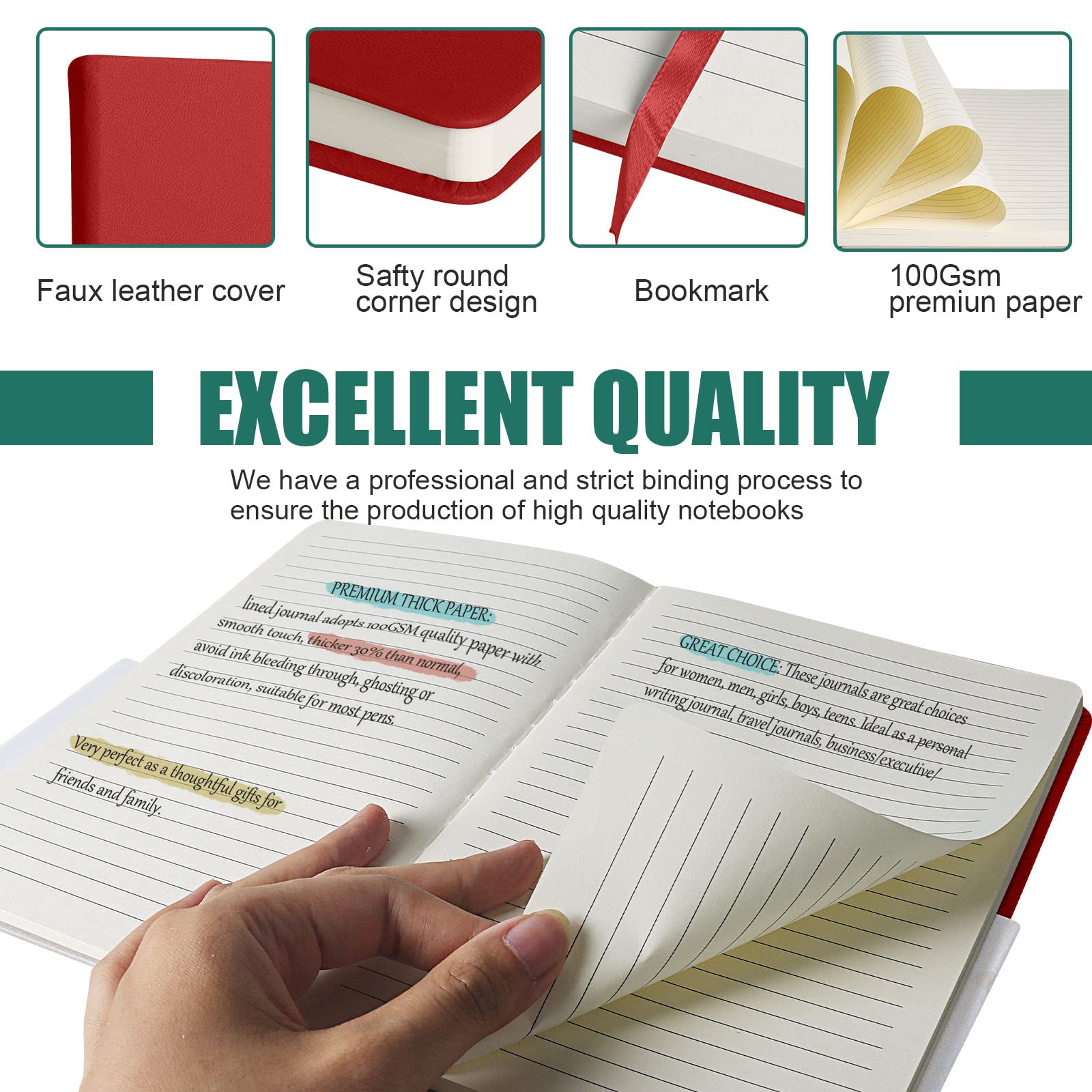Quaderno a righe, confezione da 6 pezzi, 160 pagine, medio 14,5 x 20,3 cm, carta spessa 100 g/m², copertina rigida